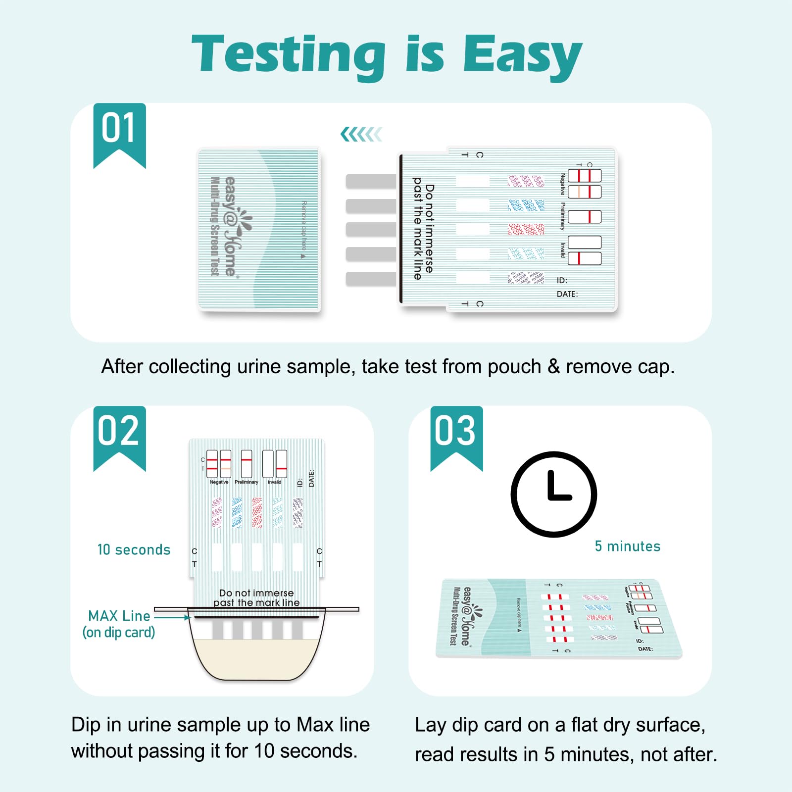 Test dip Easy@Home 5-panneaux COC pour dépistage rapide.