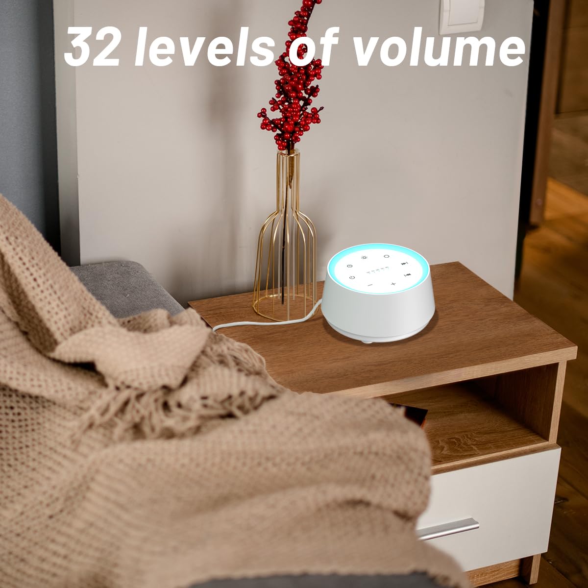 EasyHome Sleep Sound Machine, paramètres mémorisés pour le son, la lumière et le volume.