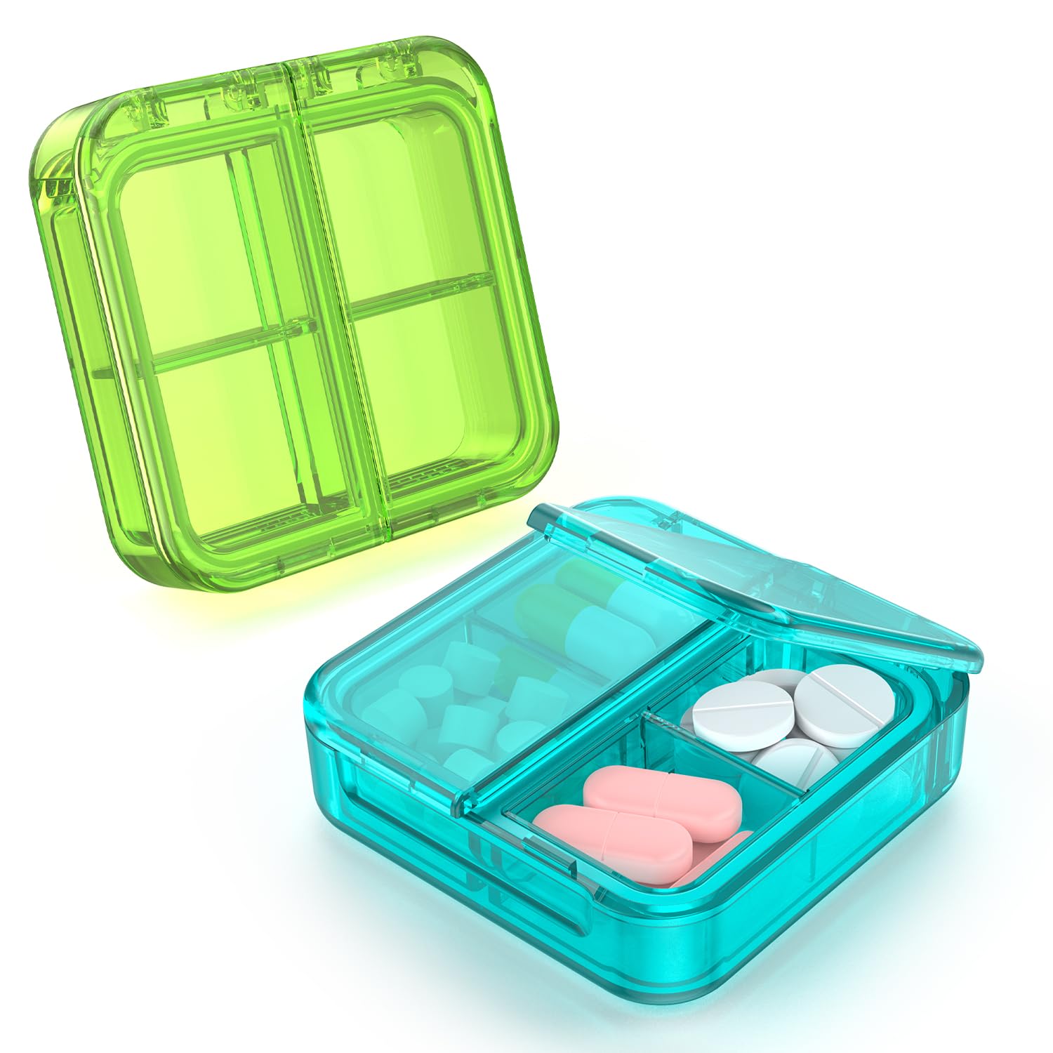 Easyhope boite-pilules 4 compartiments compacte, couleur vert-cyan, idéale en voyage