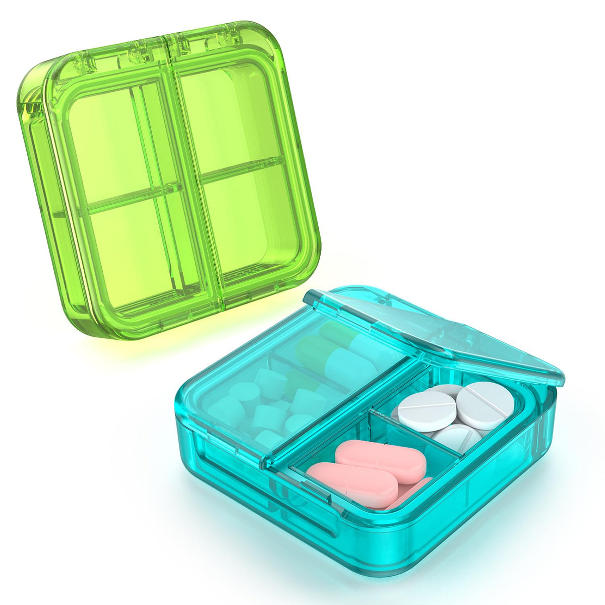 Easyhope boite-pilules 4 compartiments compacte, couleur vert-cyan, idéale en voyage