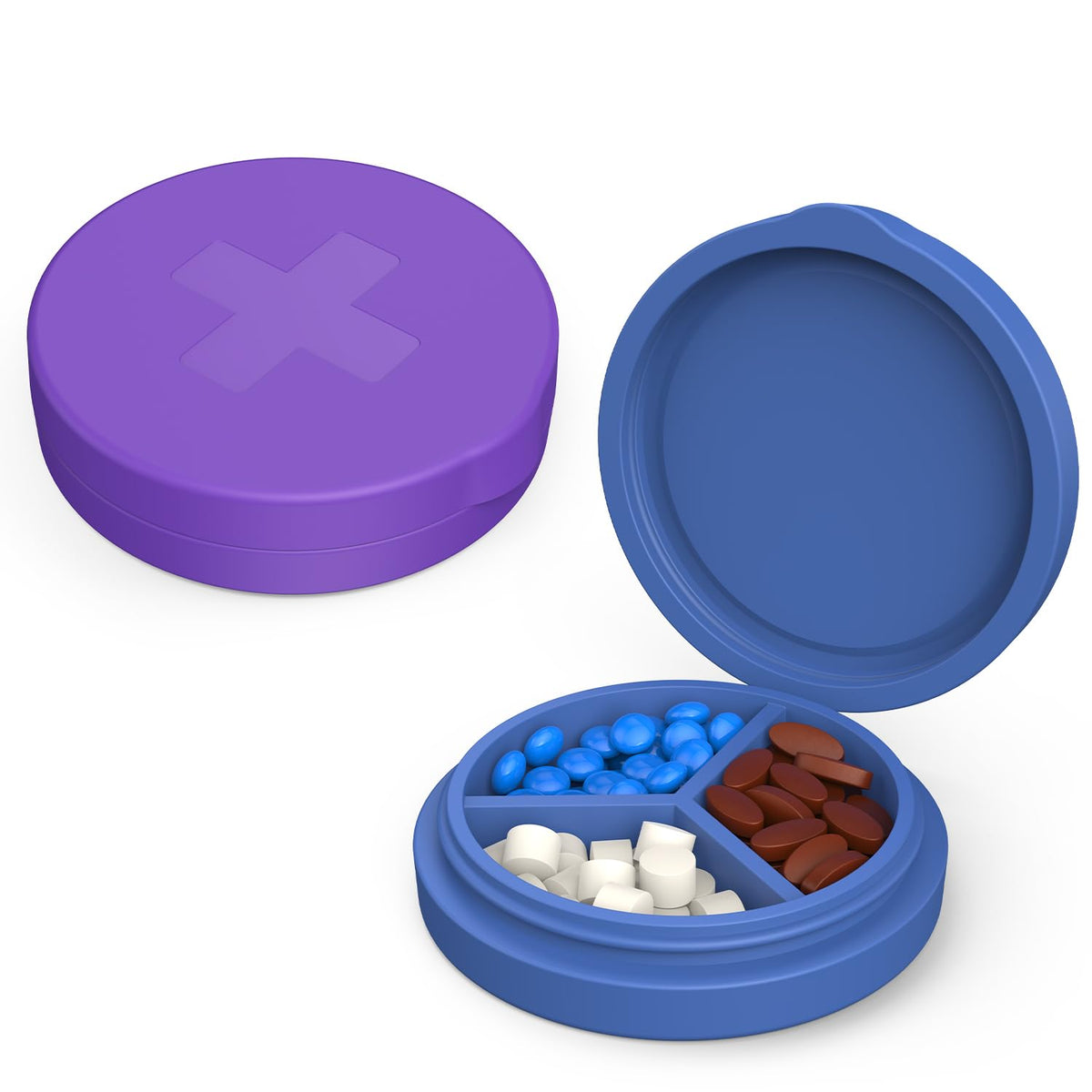 Easyhope boîte pilules en silicone, 3 compartiments, design violet et bleu pour l'organisation.