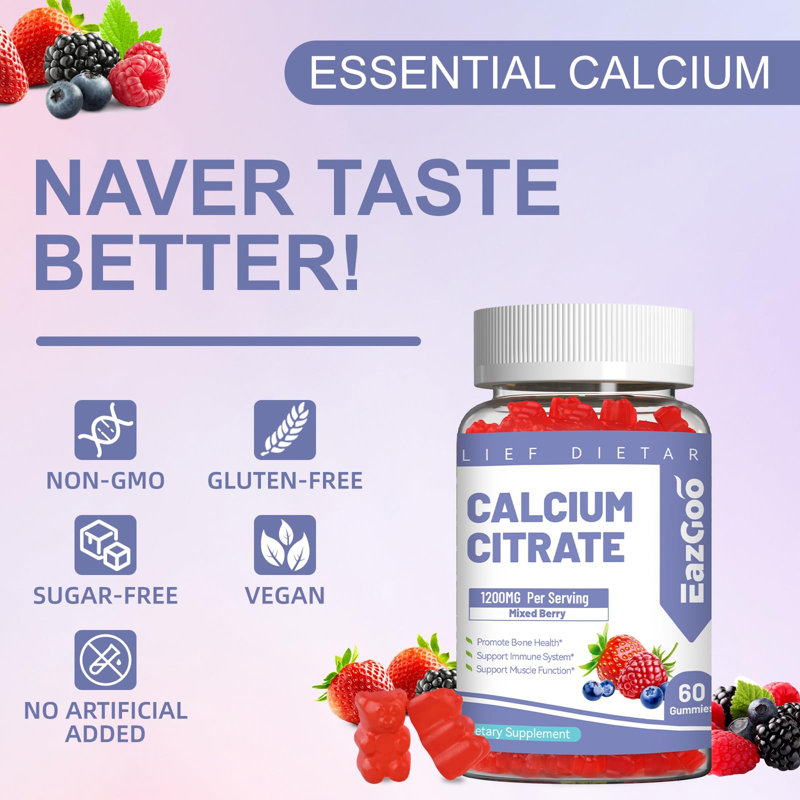 Format portable EAZGOO calcium citrate, facile à glisser dans le sac.