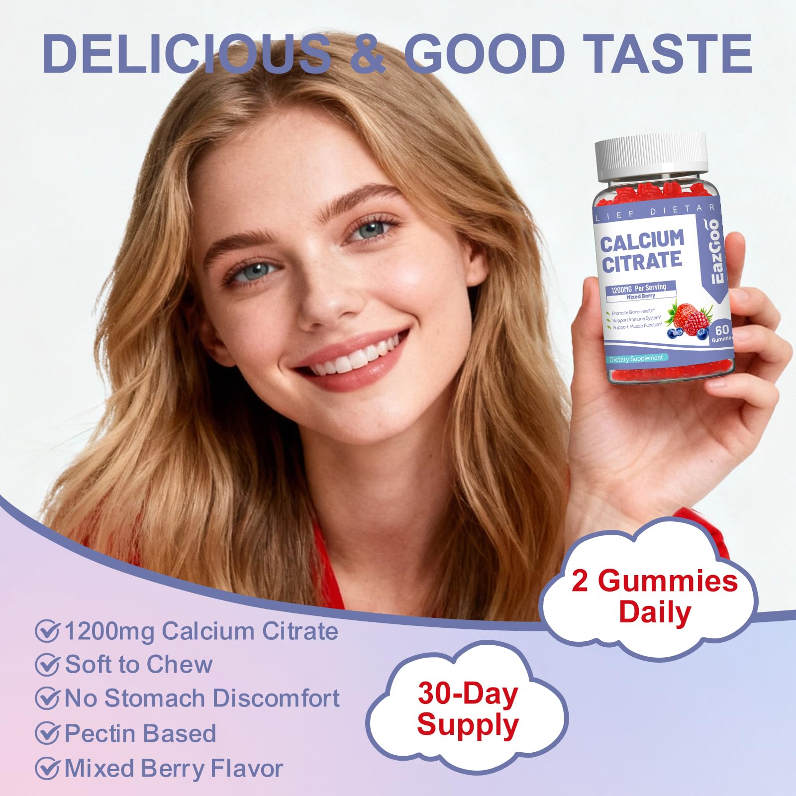 Étiquette sans sucre sur l'emballage EAZGOO calcium citrate.