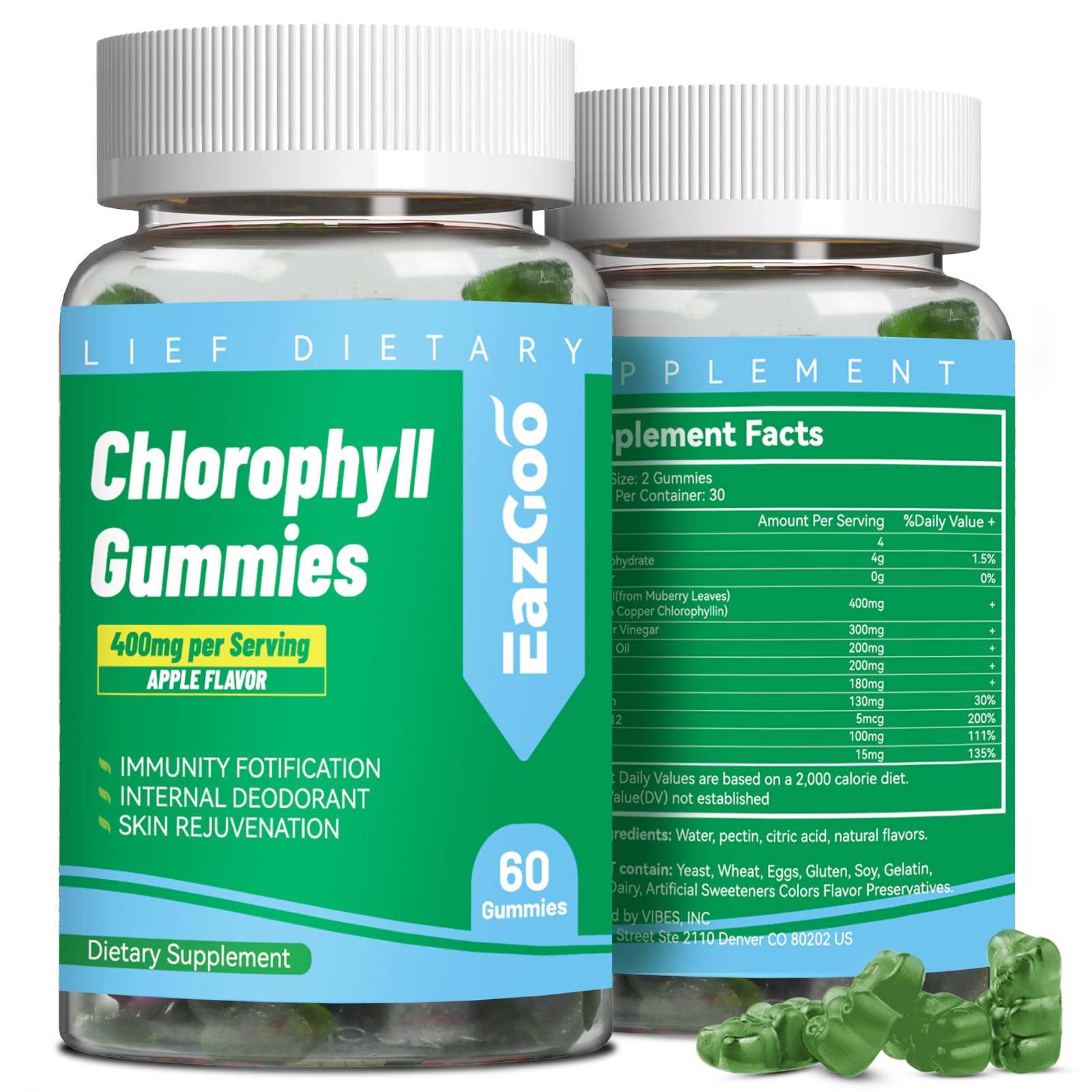 Gommes chlorophylle EAZGOO en bouteille, énergie naturelle et détox douce.