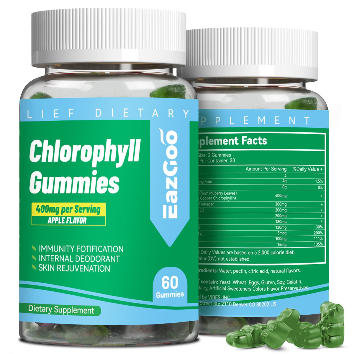 Gommes chlorophylle EAZGOO en bouteille, énergie naturelle et détox douce.