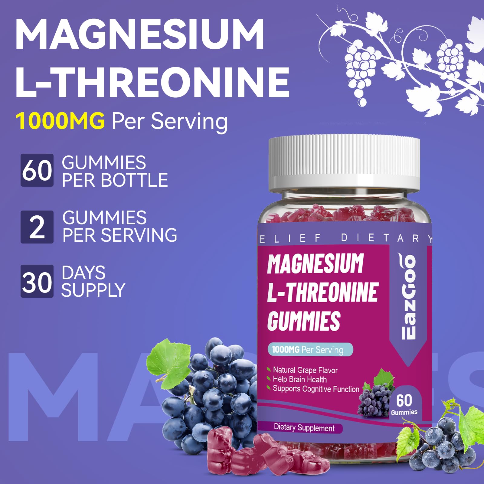 Gommes magnésium-thréonine EAZGOO versées dans un verre, usage quotidien.
