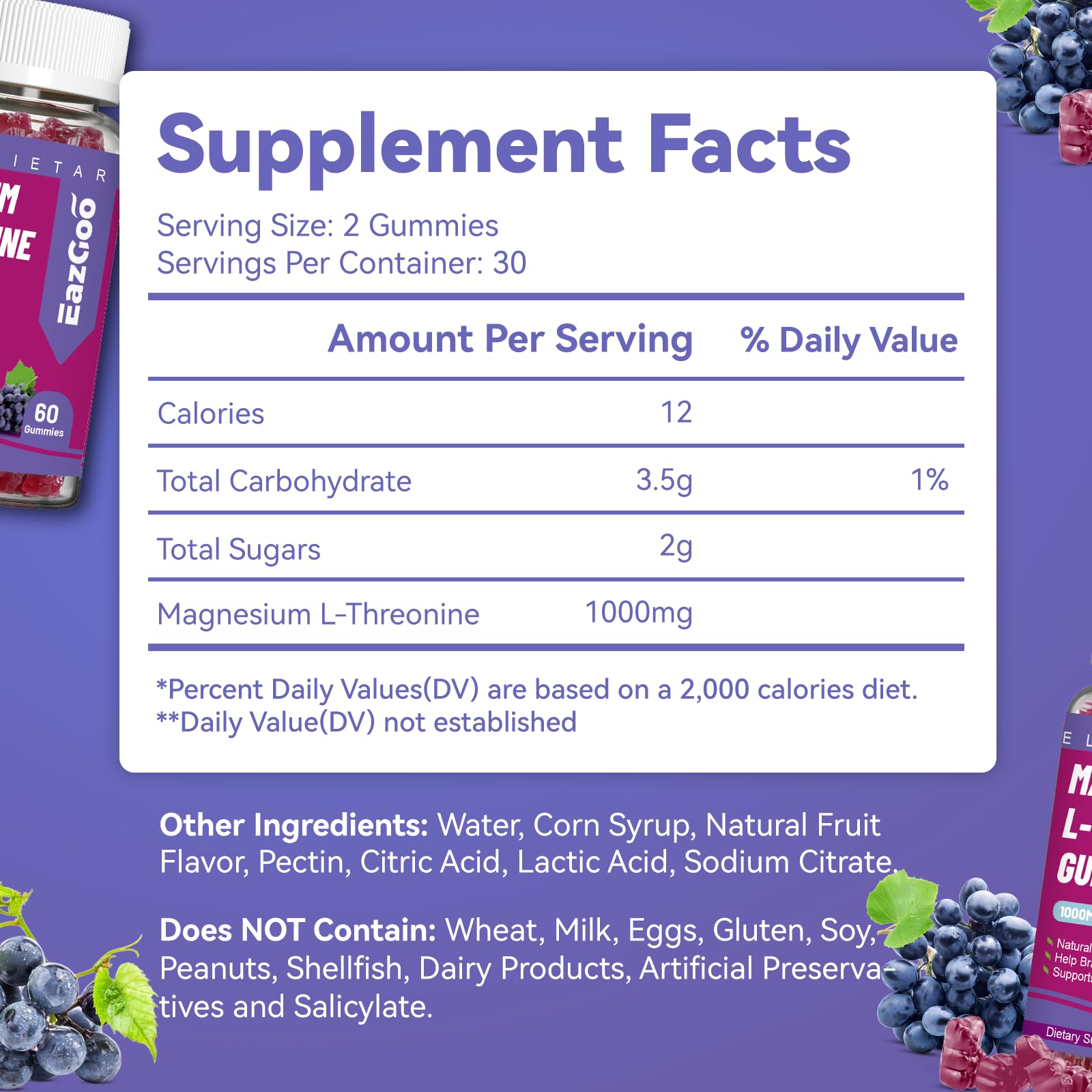 Gommes EAZGOO magnésium-thréonine, zoom sur la saveur raisin et l'absorption facilitée.