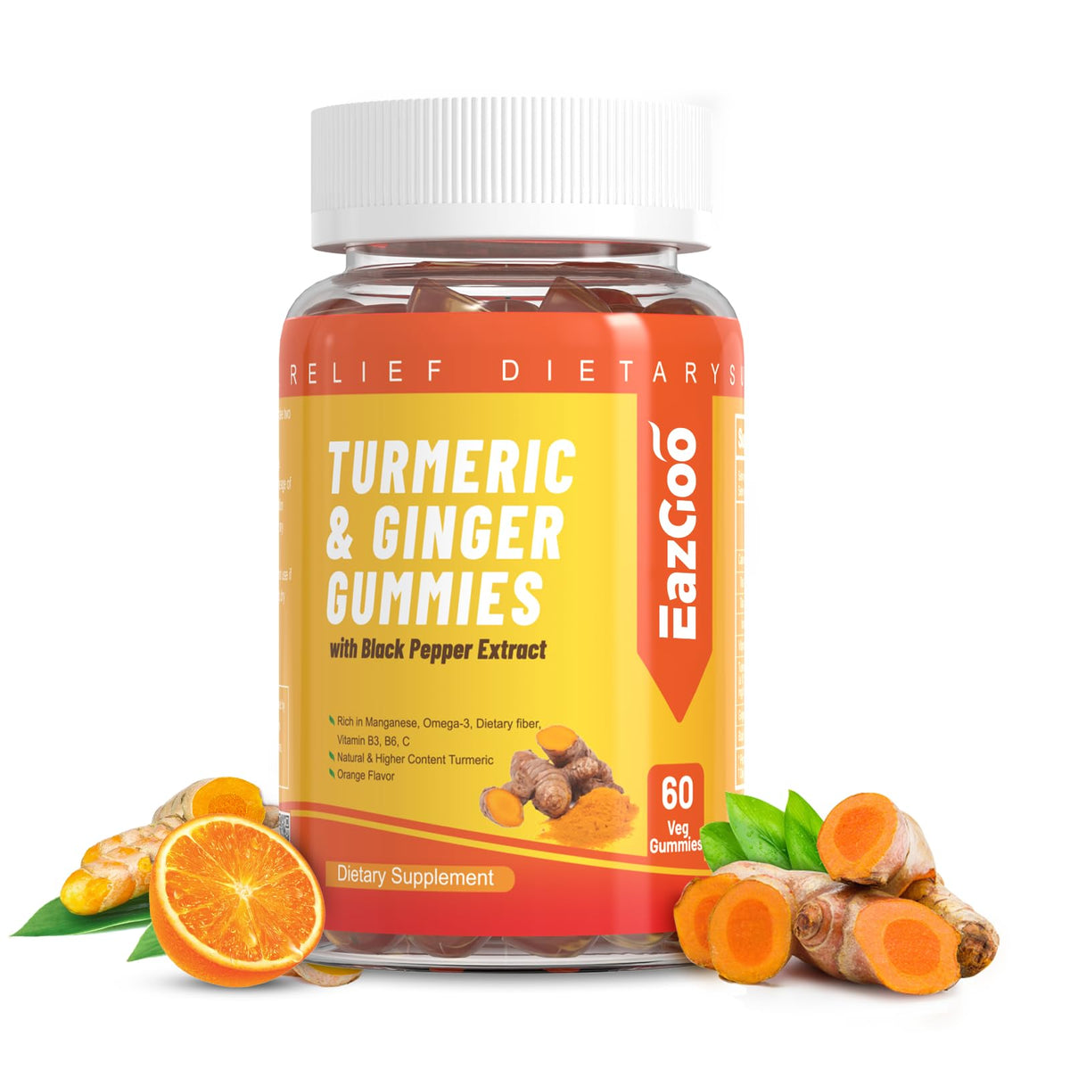 Gommes EAZGOO Curcuma, bouteille orange, faciles à prendre au quotidien.