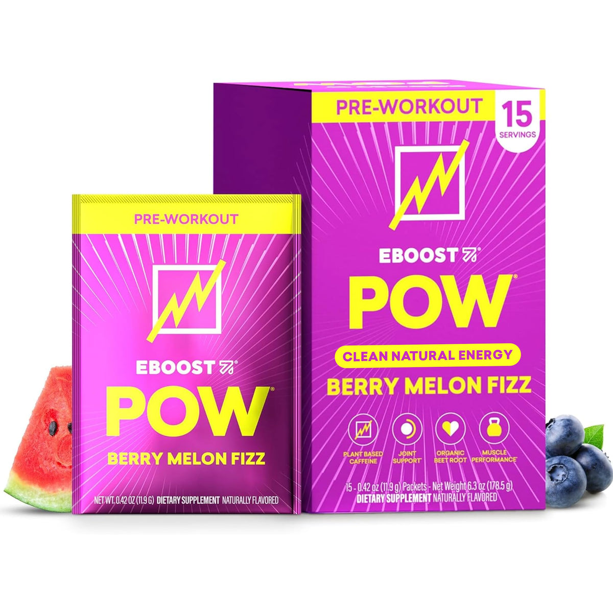Le produit EBOOST POW en packaging, prêt à être intégré à votre routine sportive.