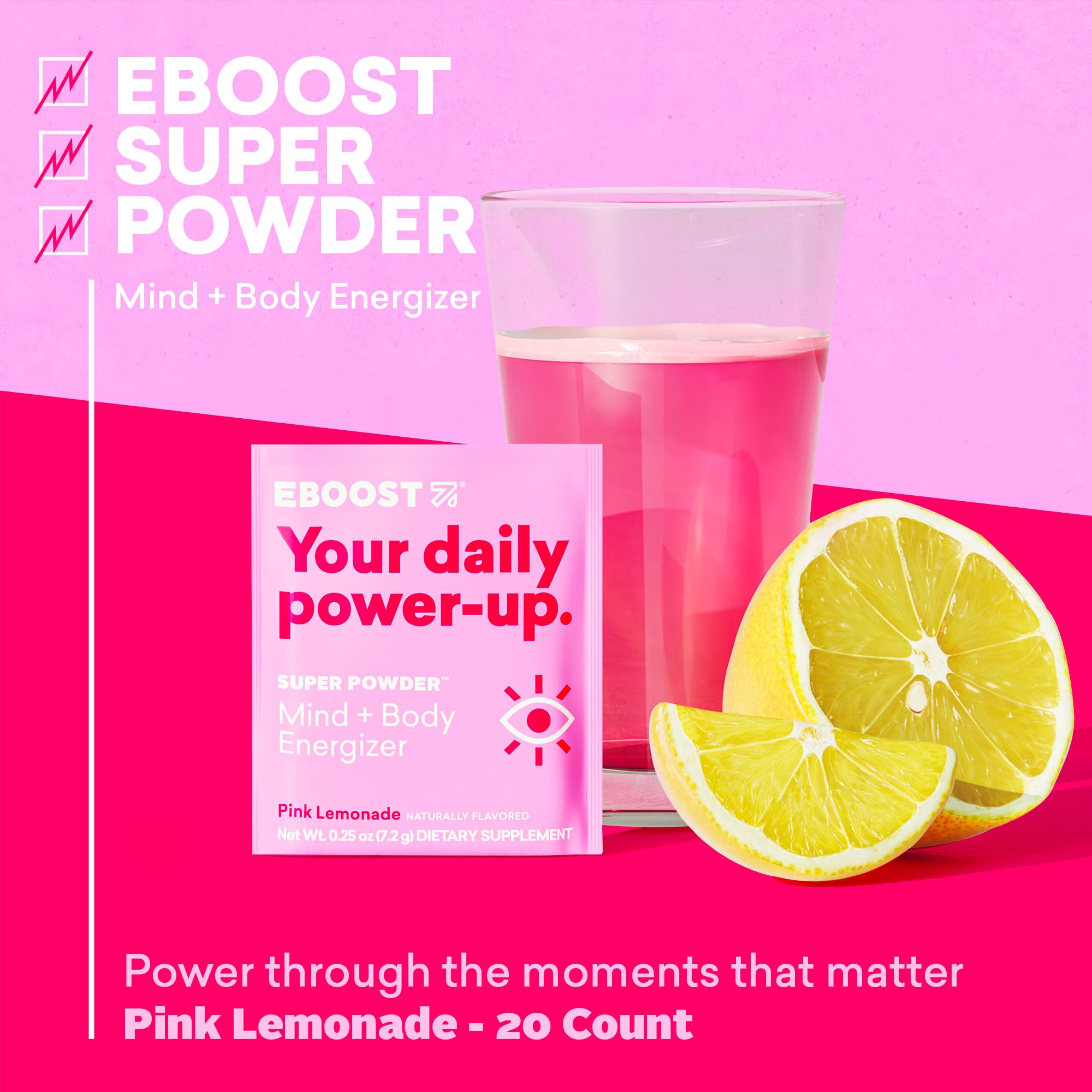 Sachet EBOOST rose citronnade prêt pour énergie sans sucre et zéro calorie.