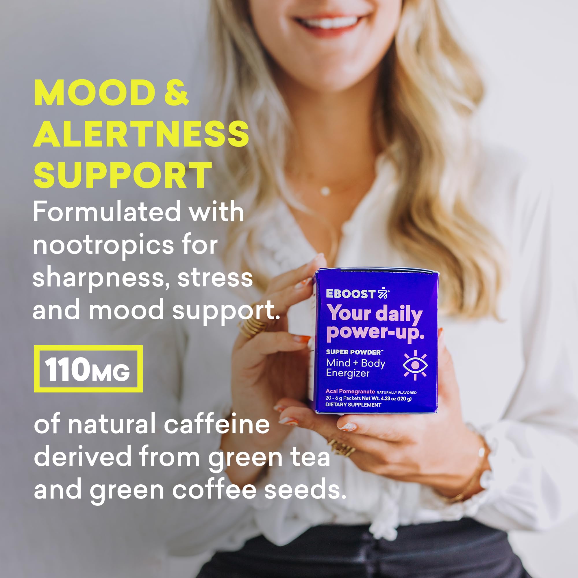 Caféine naturelle EBOOST 110 mg pour un boost d'énergie en déplacement.
