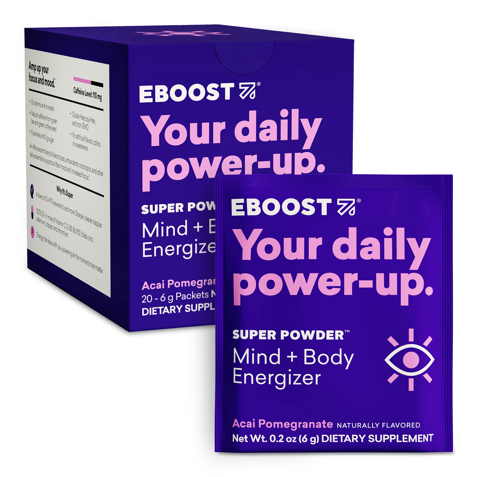 Poudre EBOOST, verre d'eau acai-pommegrenade, hydratation et énergie.