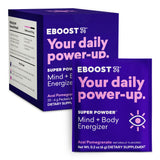 Poudre EBOOST, verre d'eau acai-pommegrenade, hydratation et énergie.