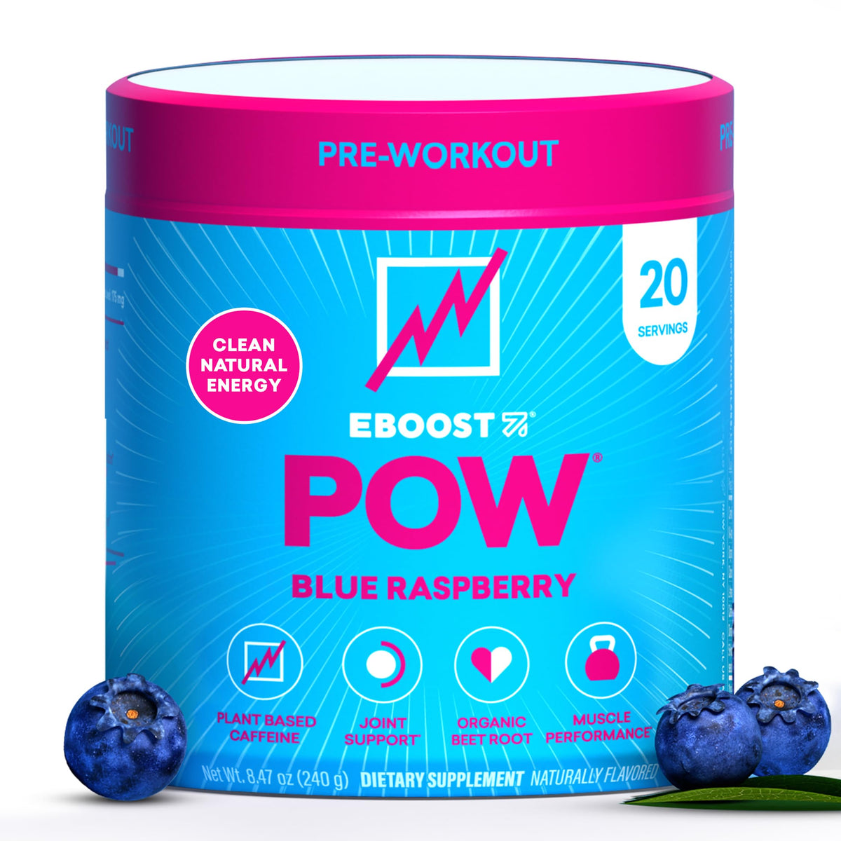 EBOOST POW poudre d'entrainement bleu framboise prête à booster l'énergie pendant l'effort.