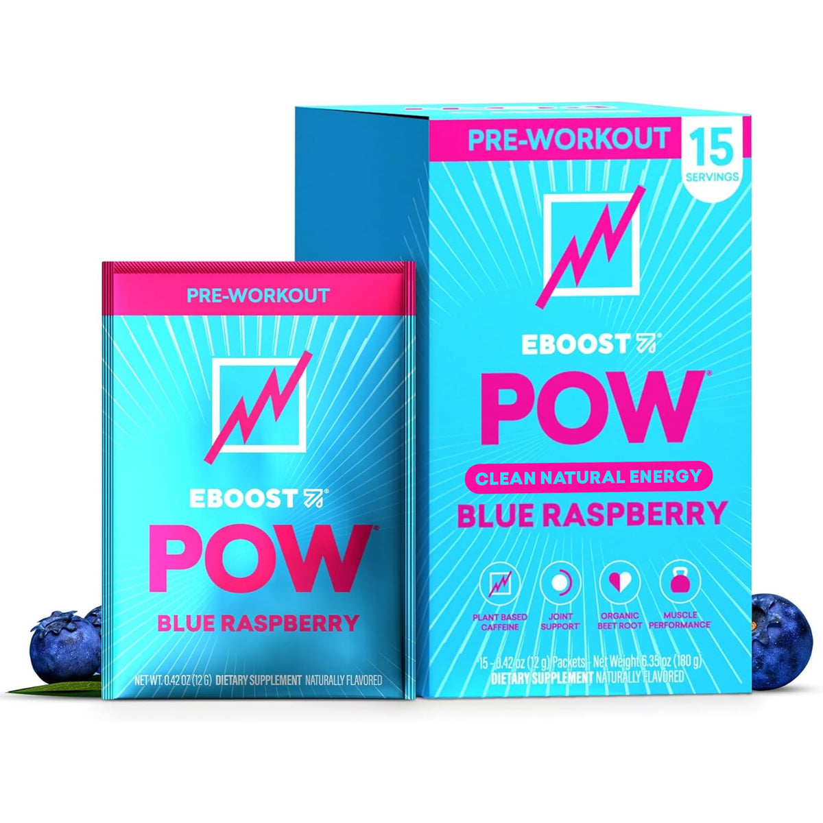 EBOOST POW poudre pré-entraînement saveur bleu-framboise dans une boîte pratique