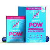 EBOOST POW poudre pré-entraînement saveur bleu-framboise dans une boîte pratique