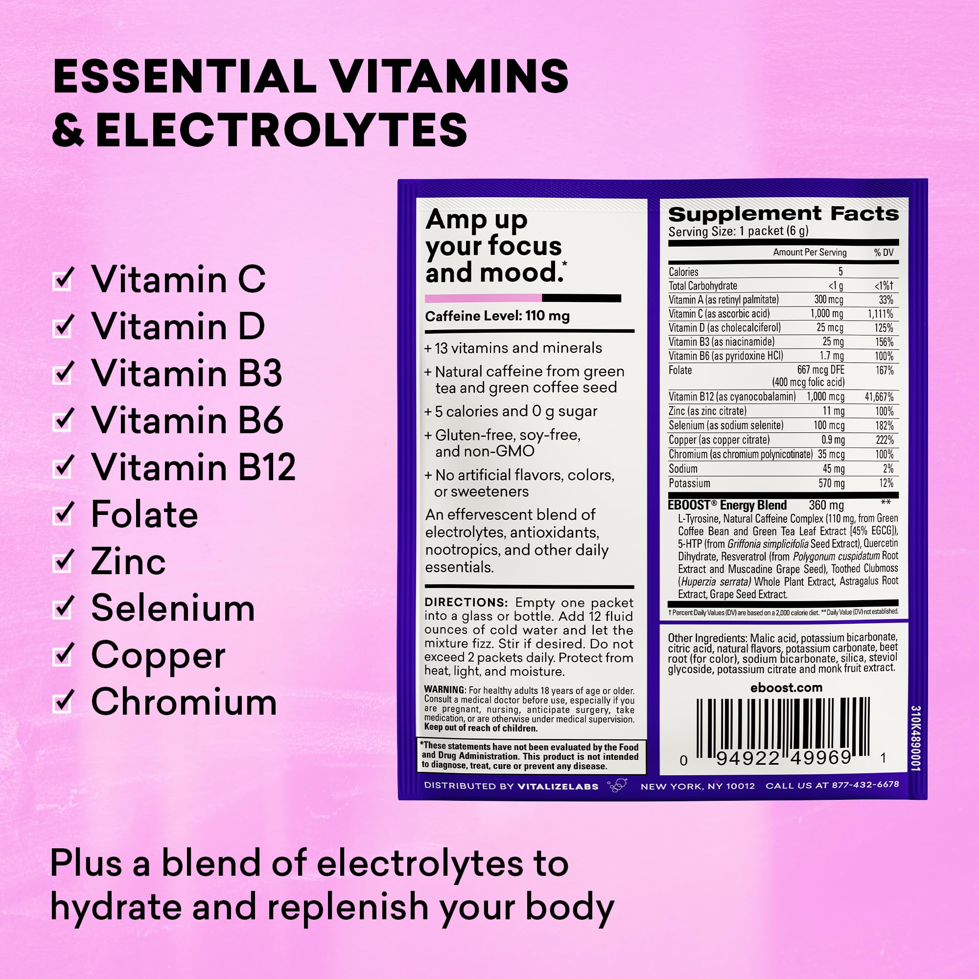 EBOOST: sachet énergie, caféine 110 mg pour concentration.