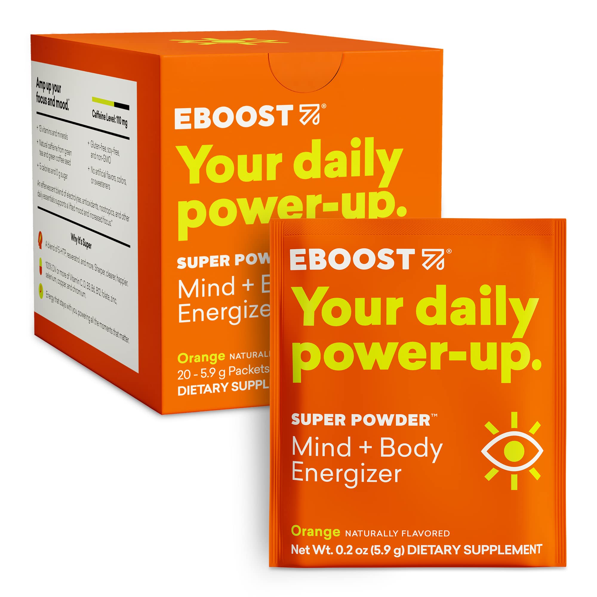 EBOOST orange: poudre effervescente dans verre d'eau, énergie et hydratation rapides.