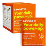EBOOST orange: poudre effervescente dans verre d'eau, énergie et hydratation rapides.