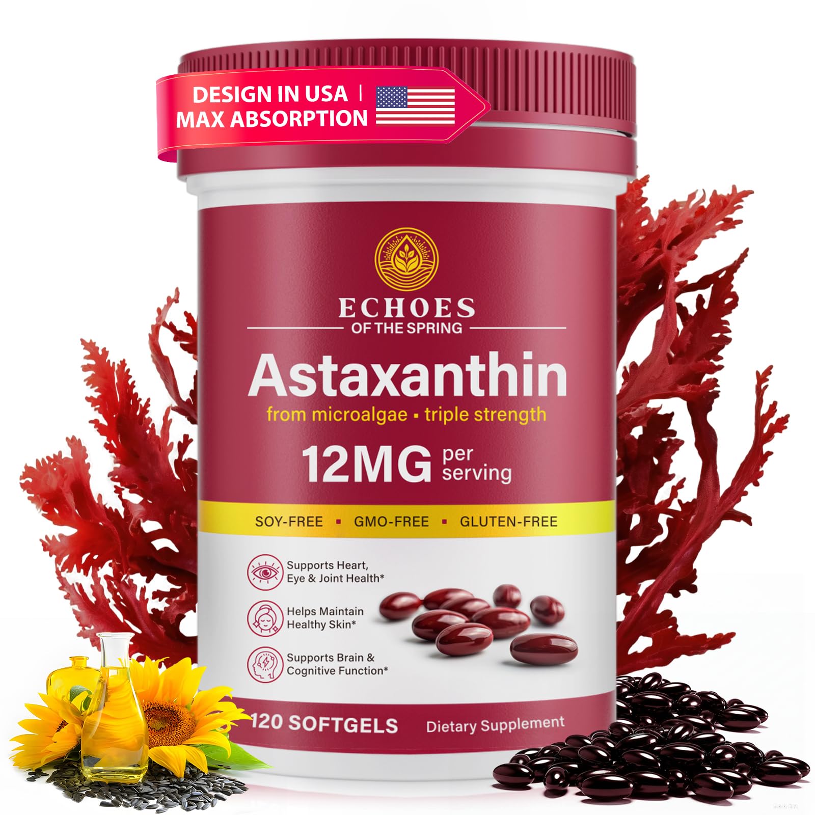 Echoes du Printemps Astaxanthine 12mg: bouteille visible pour prise quotidienne