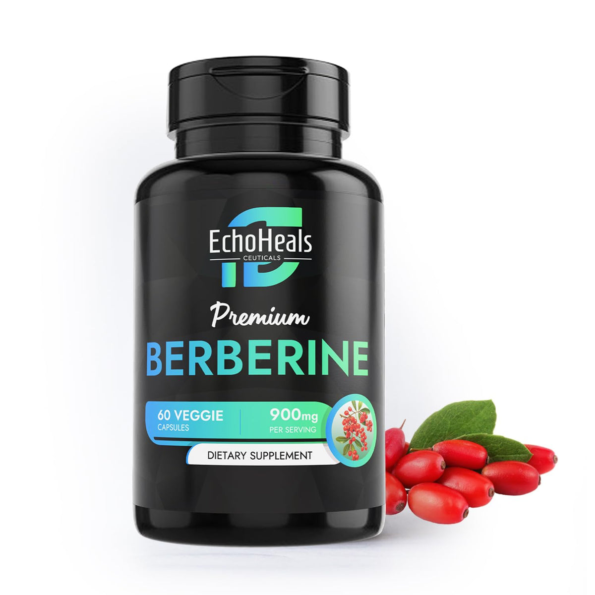 EchoHeals CEUTICALS Berberine dans une bouteille verte, soutien quotidien potentiel.