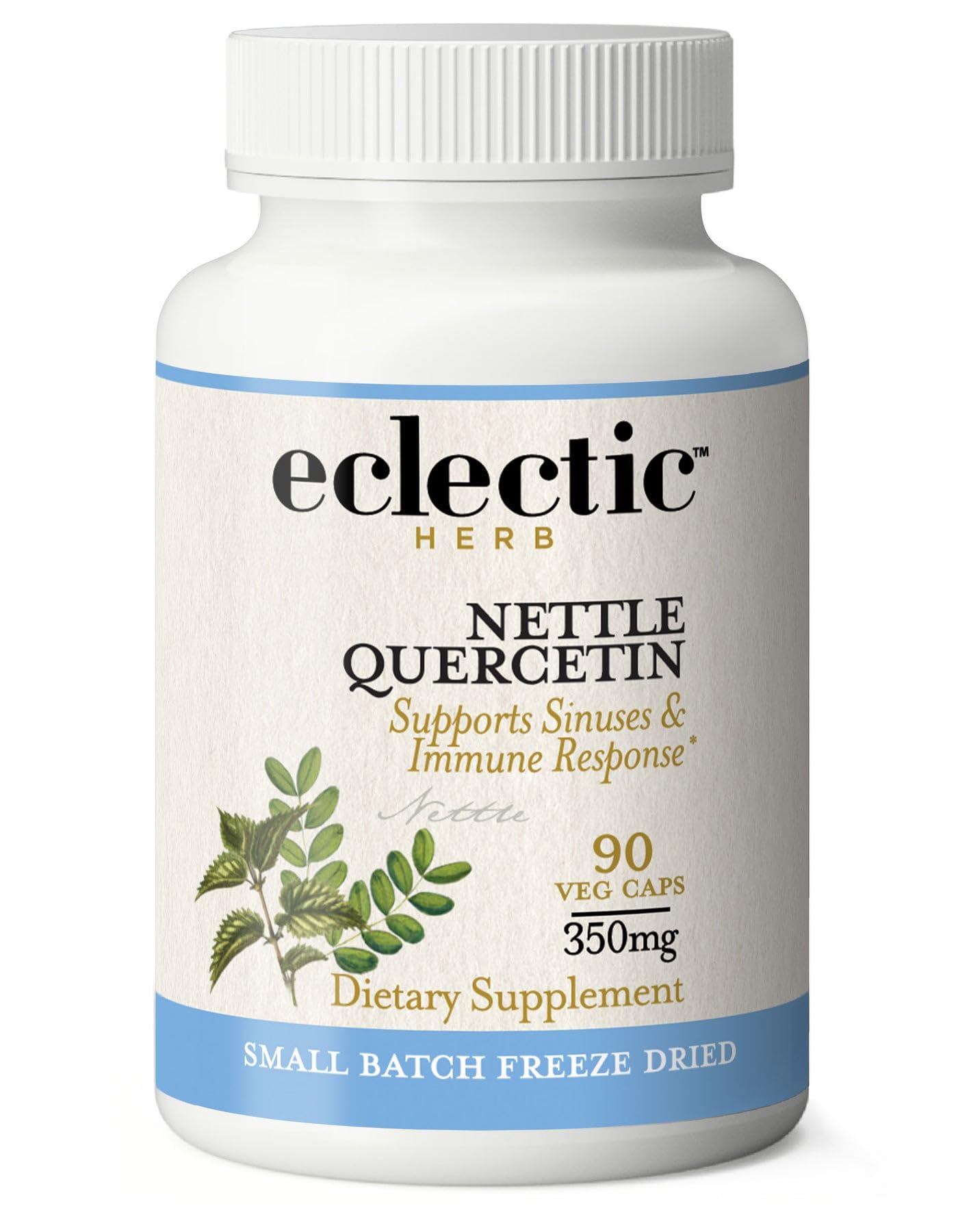 Eclectic bouteille bleue montrant les gélules ortie et quercétine, soutien potentiel des sinus.