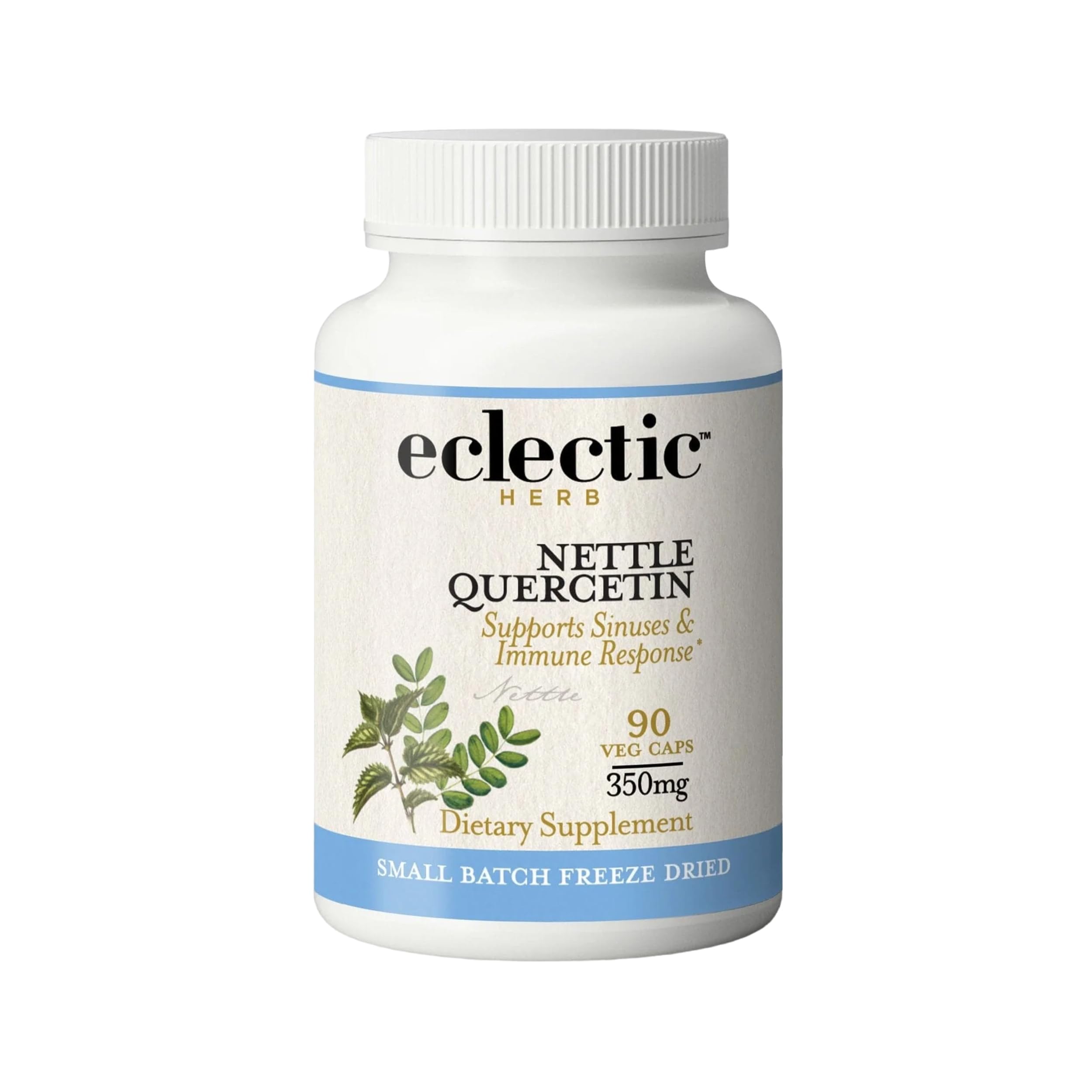 ECLECTIC INSTITUTE Capsules d'ortie et quercétine — bouteille montrant le flacon et soutien des cellules.