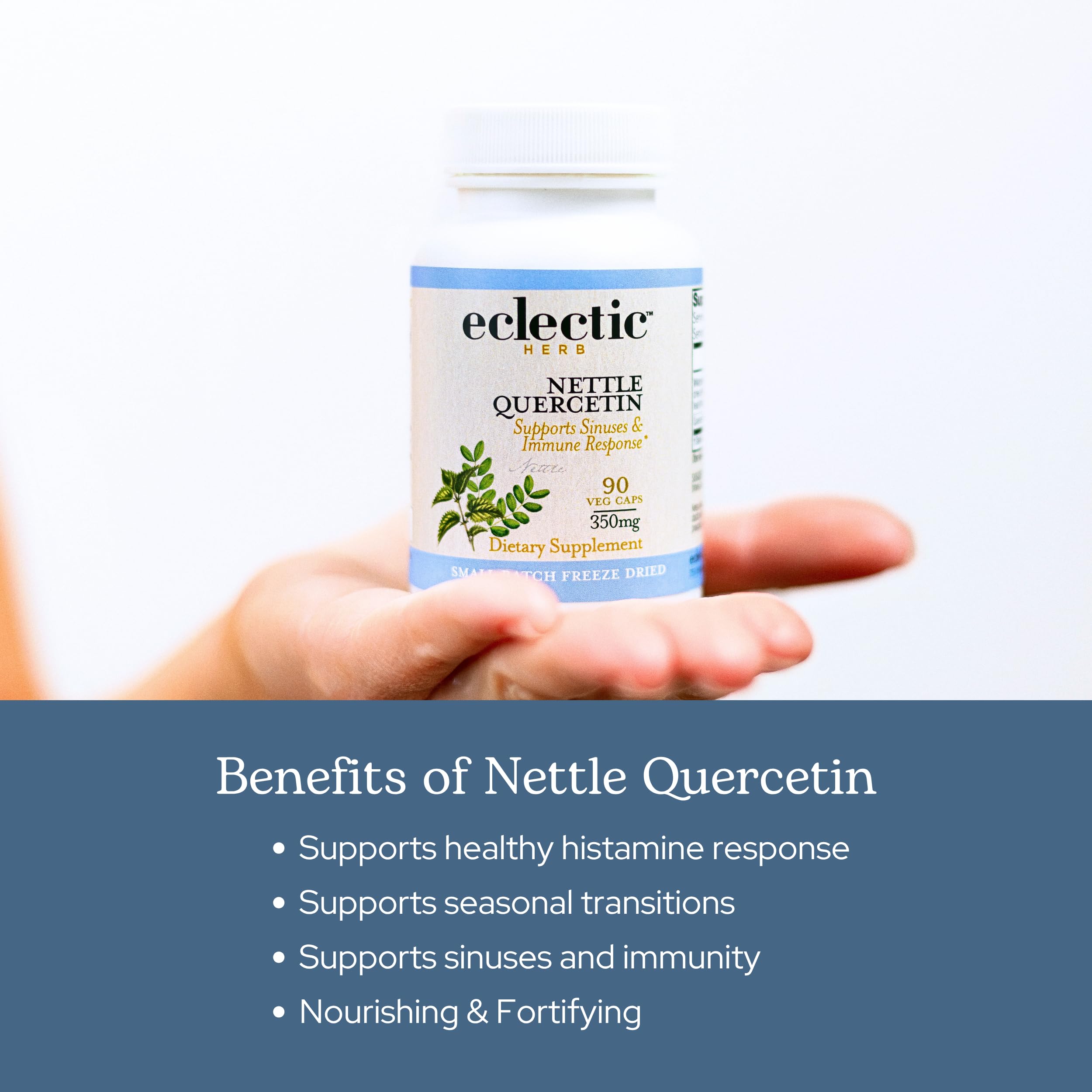 ECLECTIC INSTITUTE Capsules d'ortie et quercétine — étiquette lisible et sans gluten.