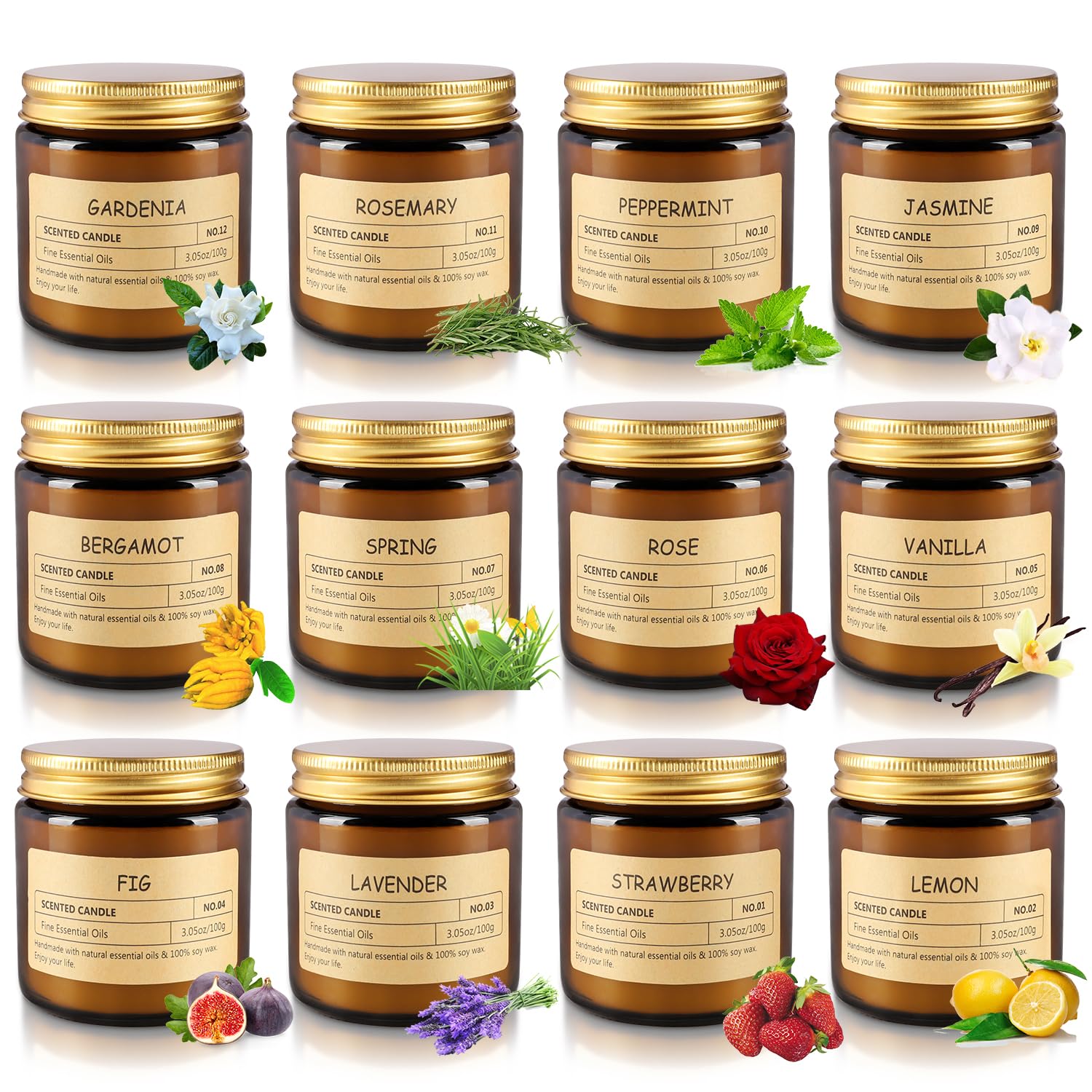 Bougie jasmin ECLHTLNY en verre marron, arôme floral apaisant.