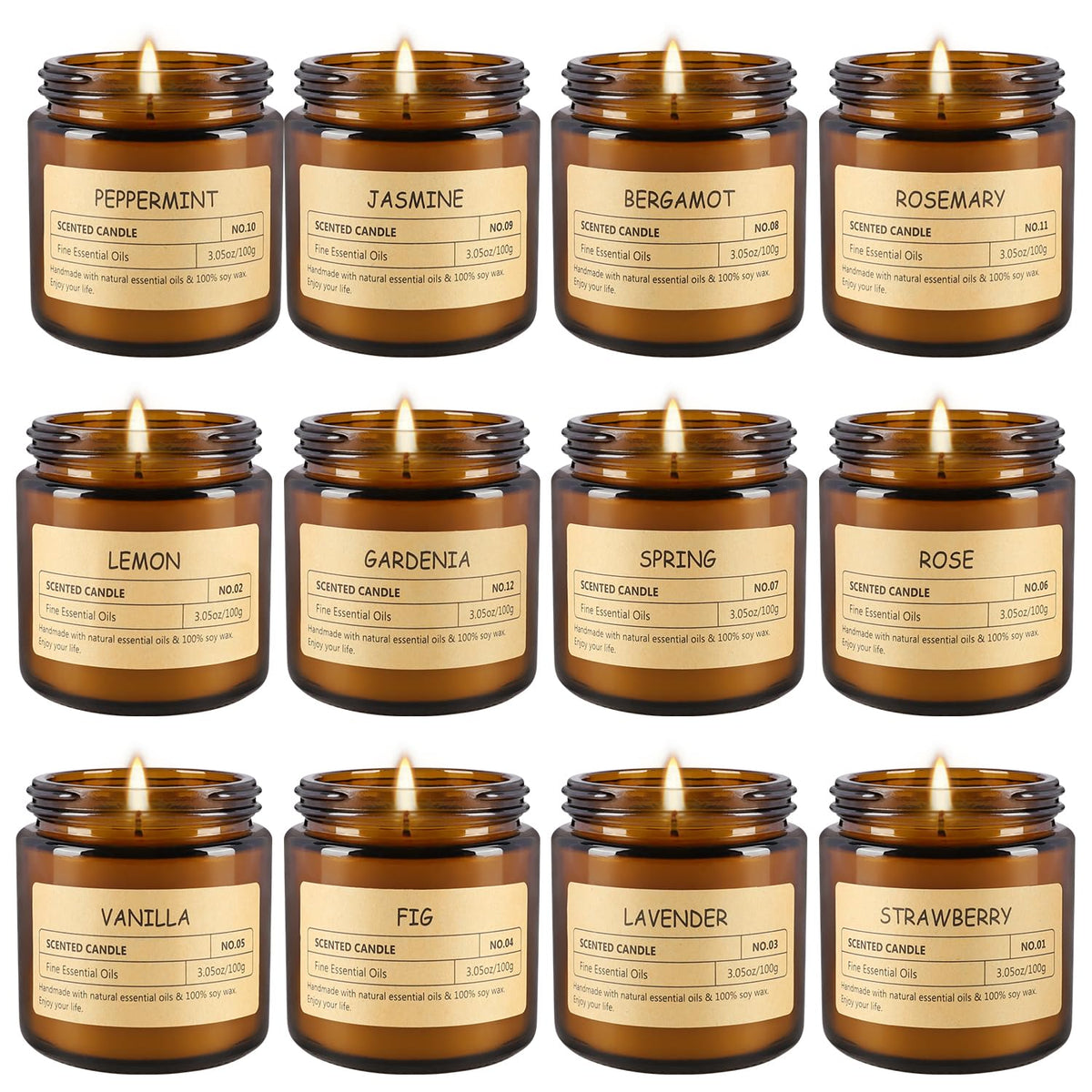 Bougies parfumées ECLHTLNY ensemble de douze dans des pots en verre marron, ambiance chaleureuse.