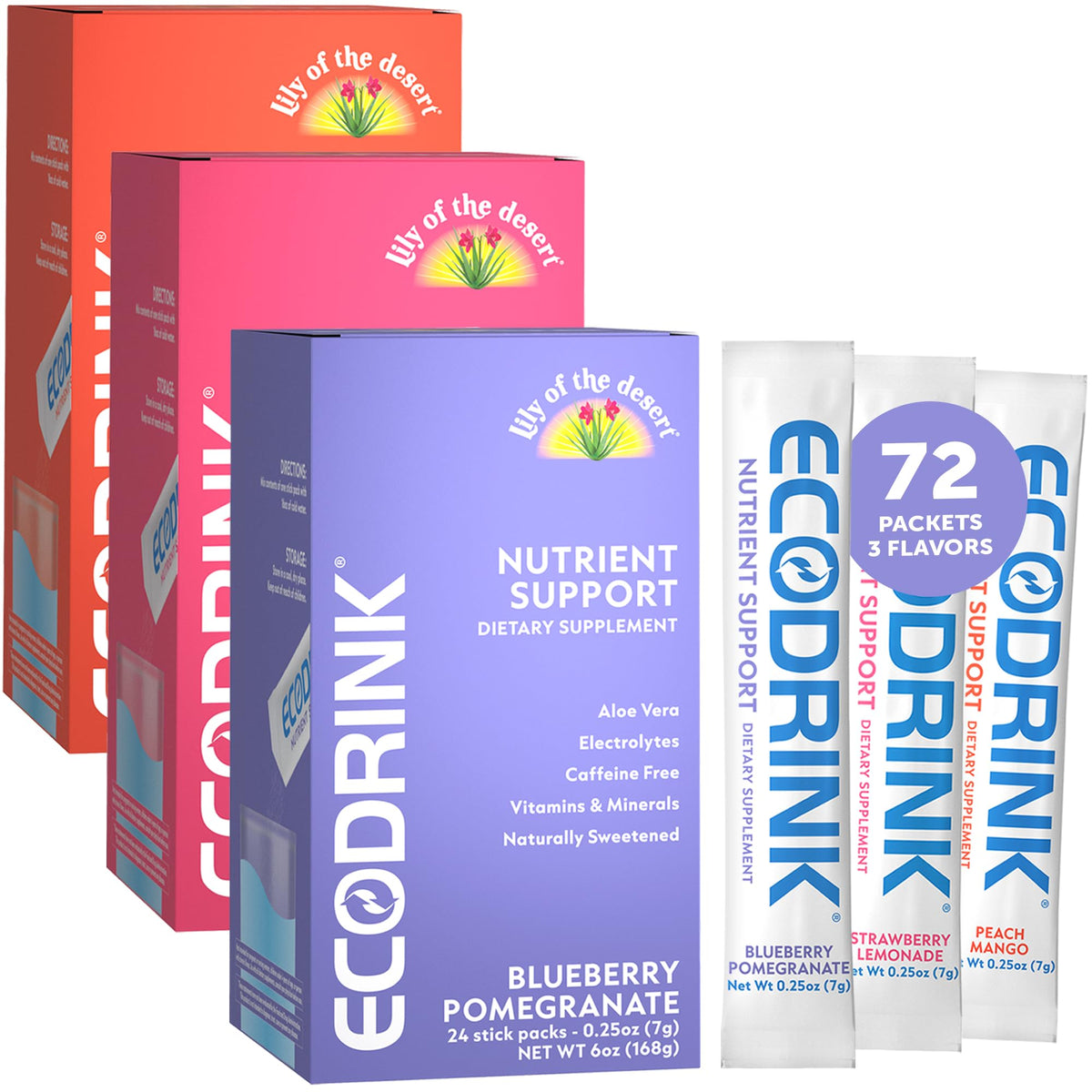 Eco Drink Lily of The Desert – emballage de sachets d'hydratation riches en électrolytes.