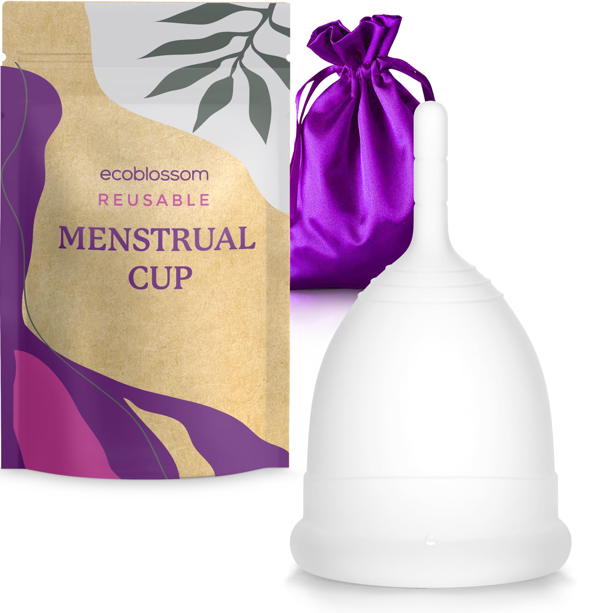 EcoBlossom coupe menstruelle en emballage, prêt à emporter pour une utilisation discrète.