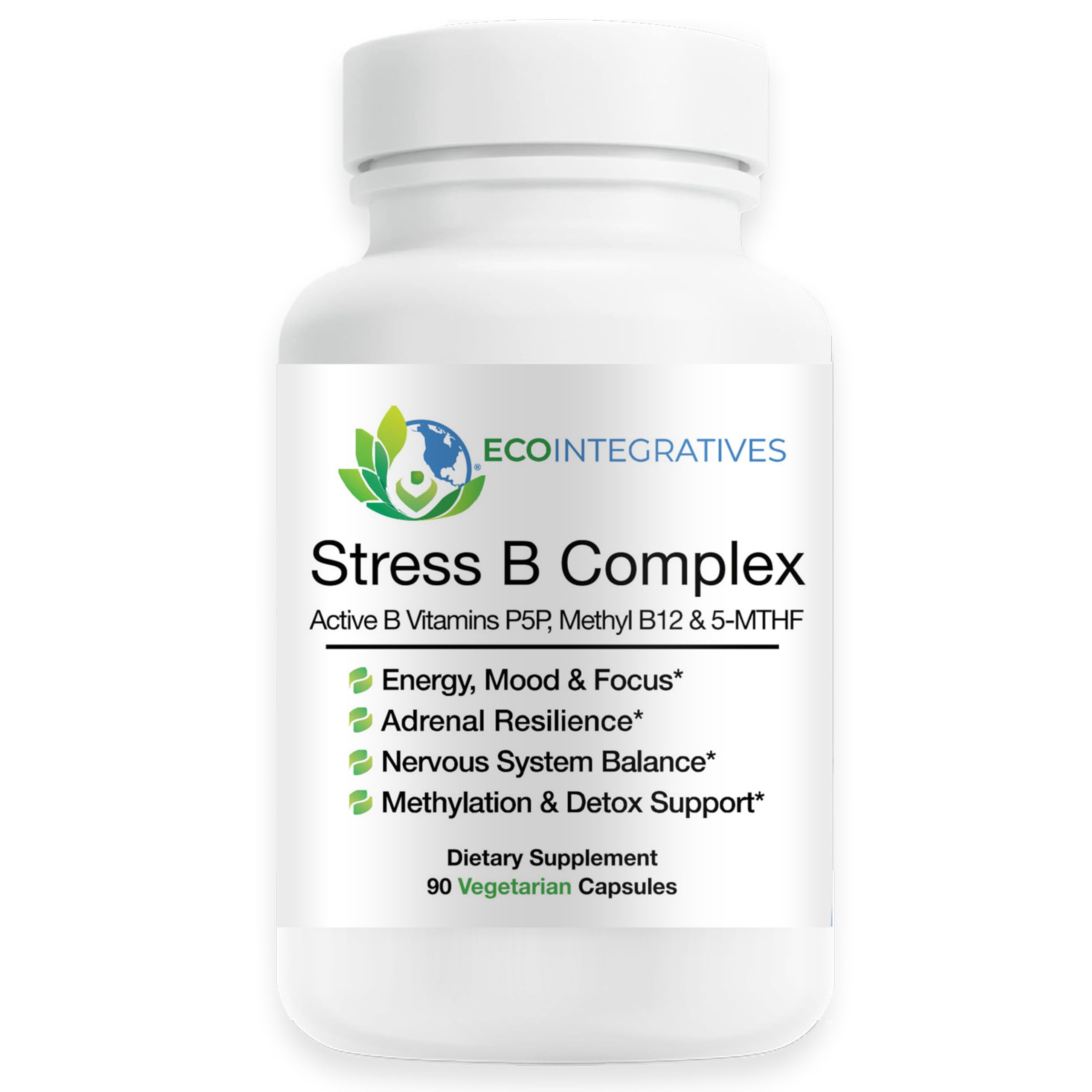 EcoIntegratives Stress B Complex – bouteille avec capsules faciles à prendre pour énergie soutenue.