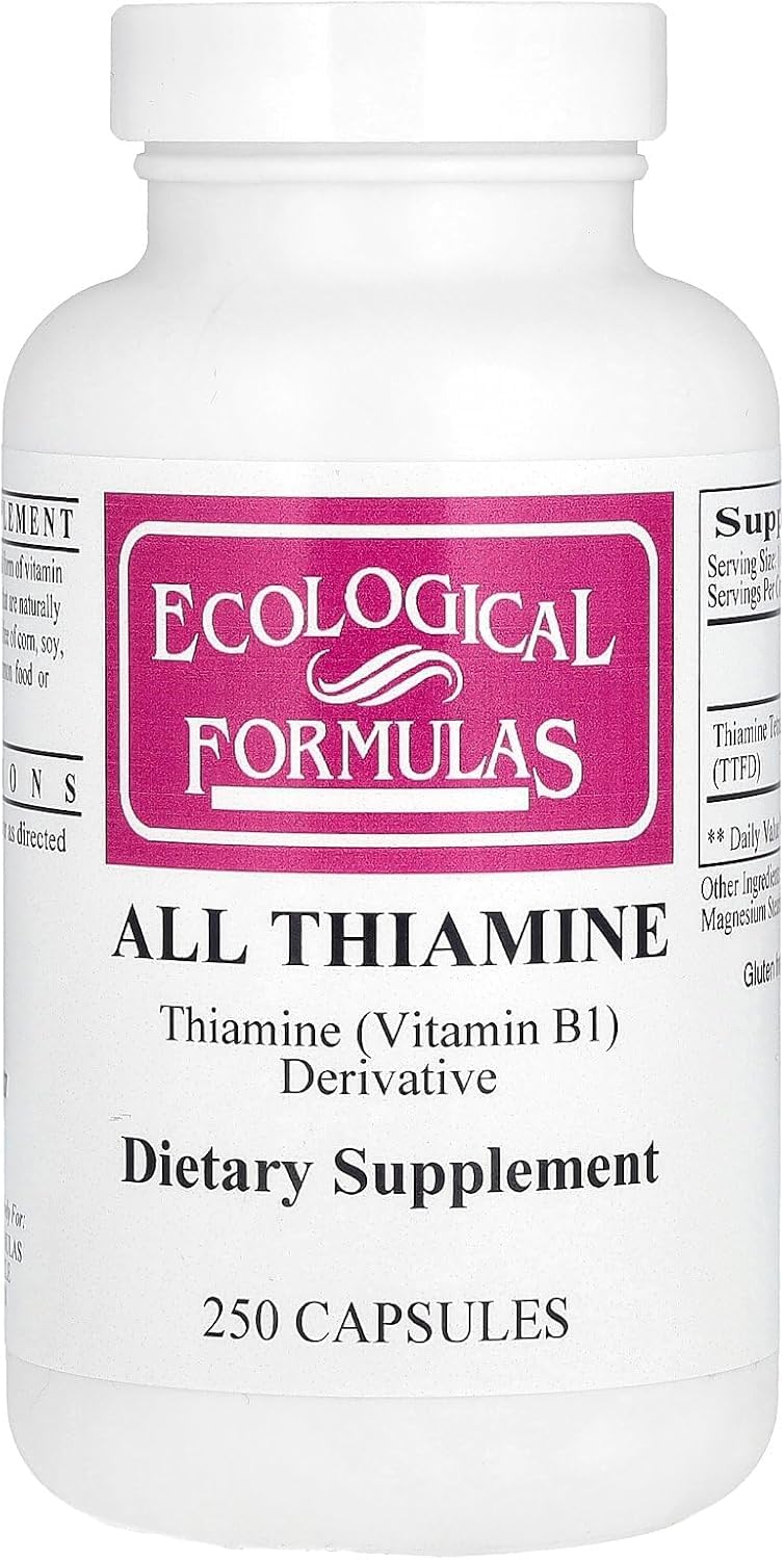 Ecological Formulas Allithiamine 50 mg, bouteille de gélules prête à une prise quotidienne pratique.
