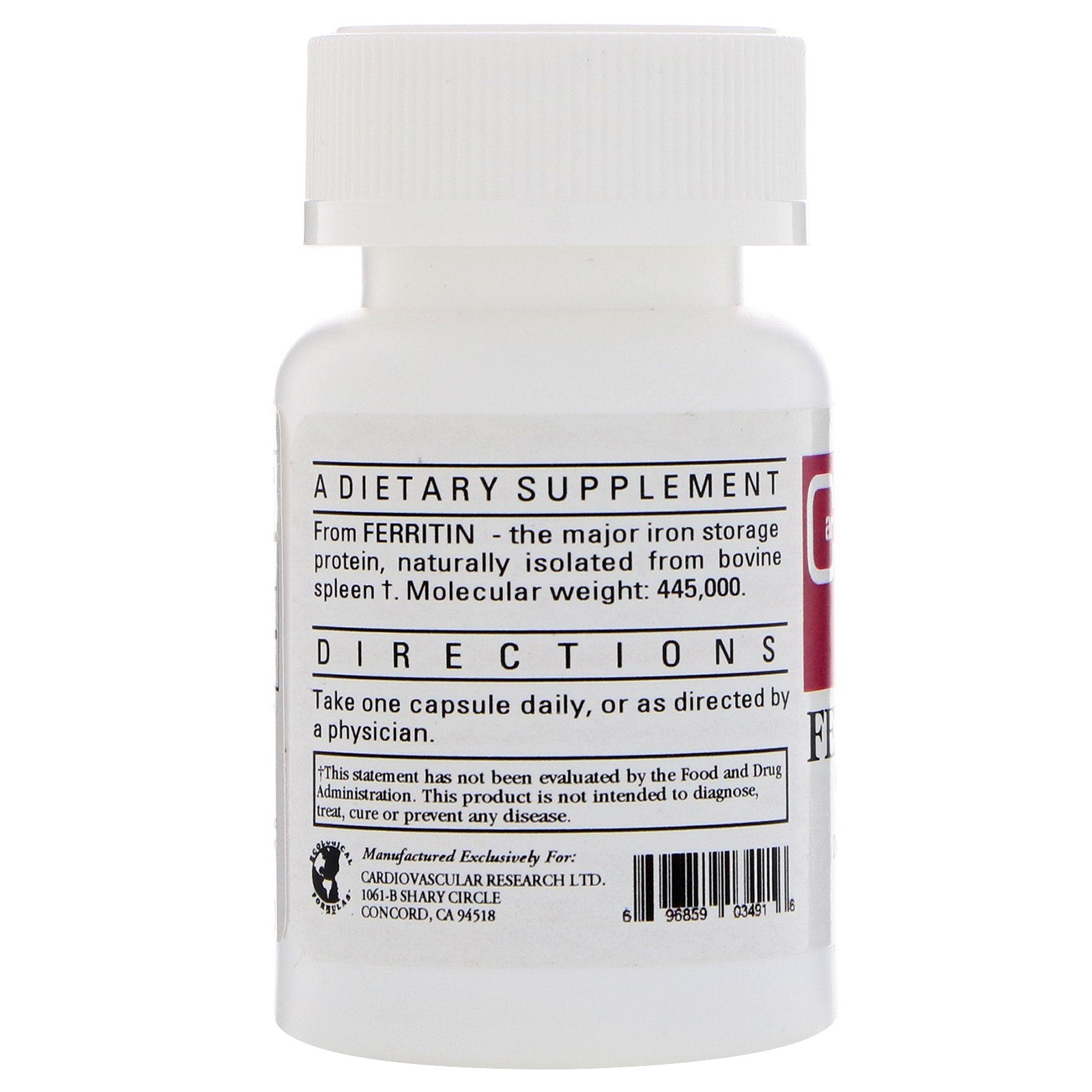 Étiquette Ecological Formulas ferritine — informations claires pour une utilisation sûre.