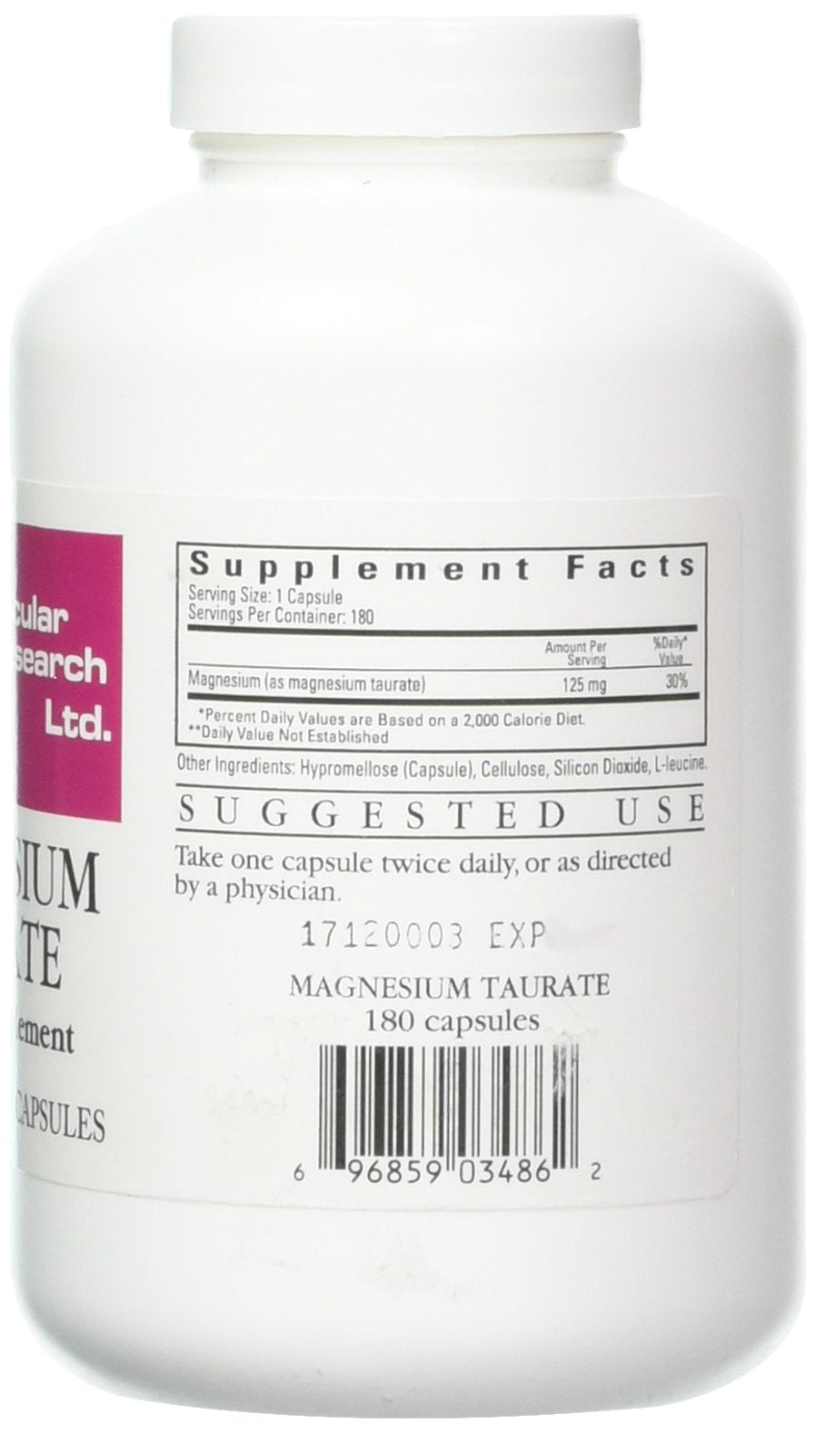 Ecological Formulas Boîte de 180 capsules Magnesium Taurate, rangement pratique et durable.