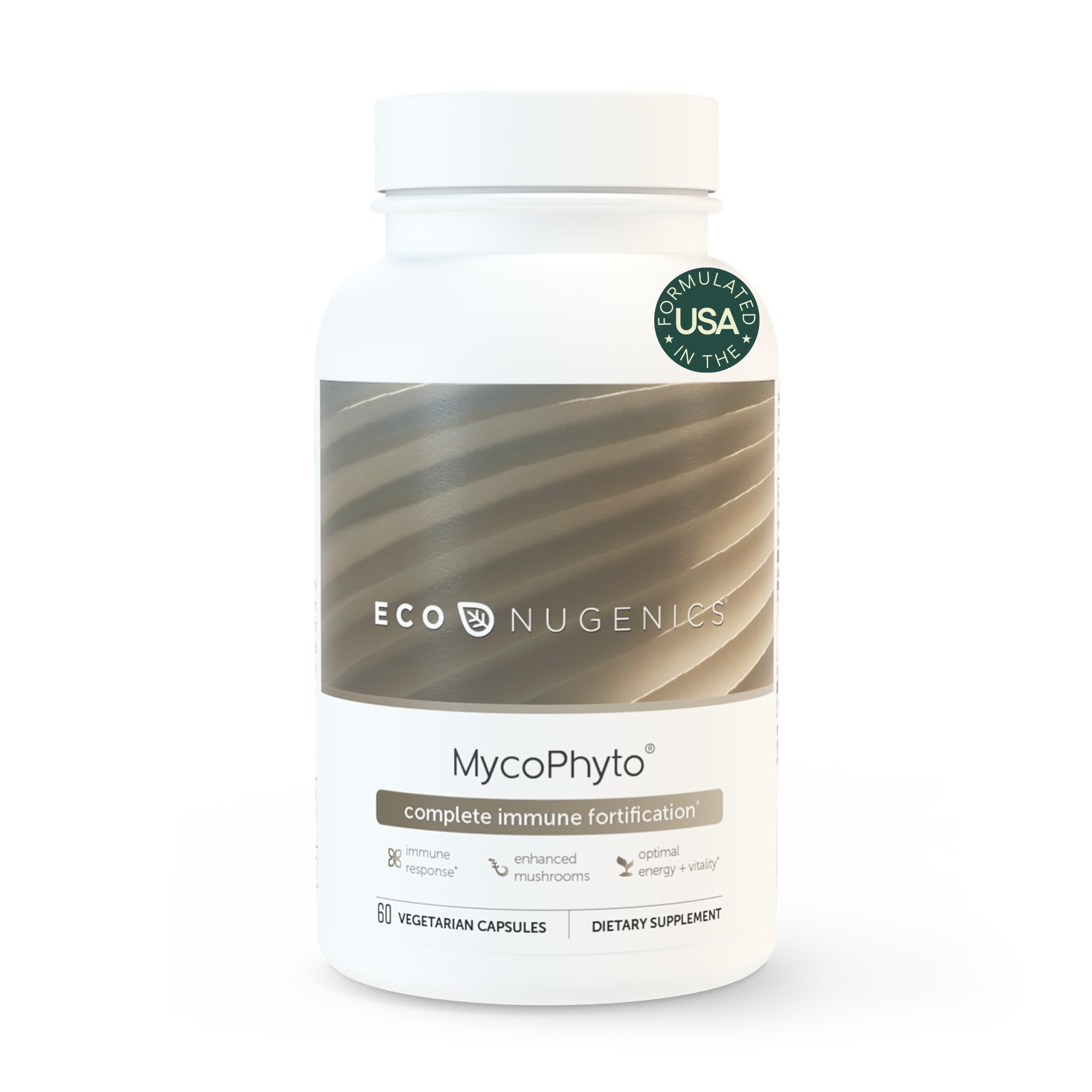 EcoNugenics MycoPhyto Complex : bouteille sur table, soutien immunitaire potentiel au quotidien.