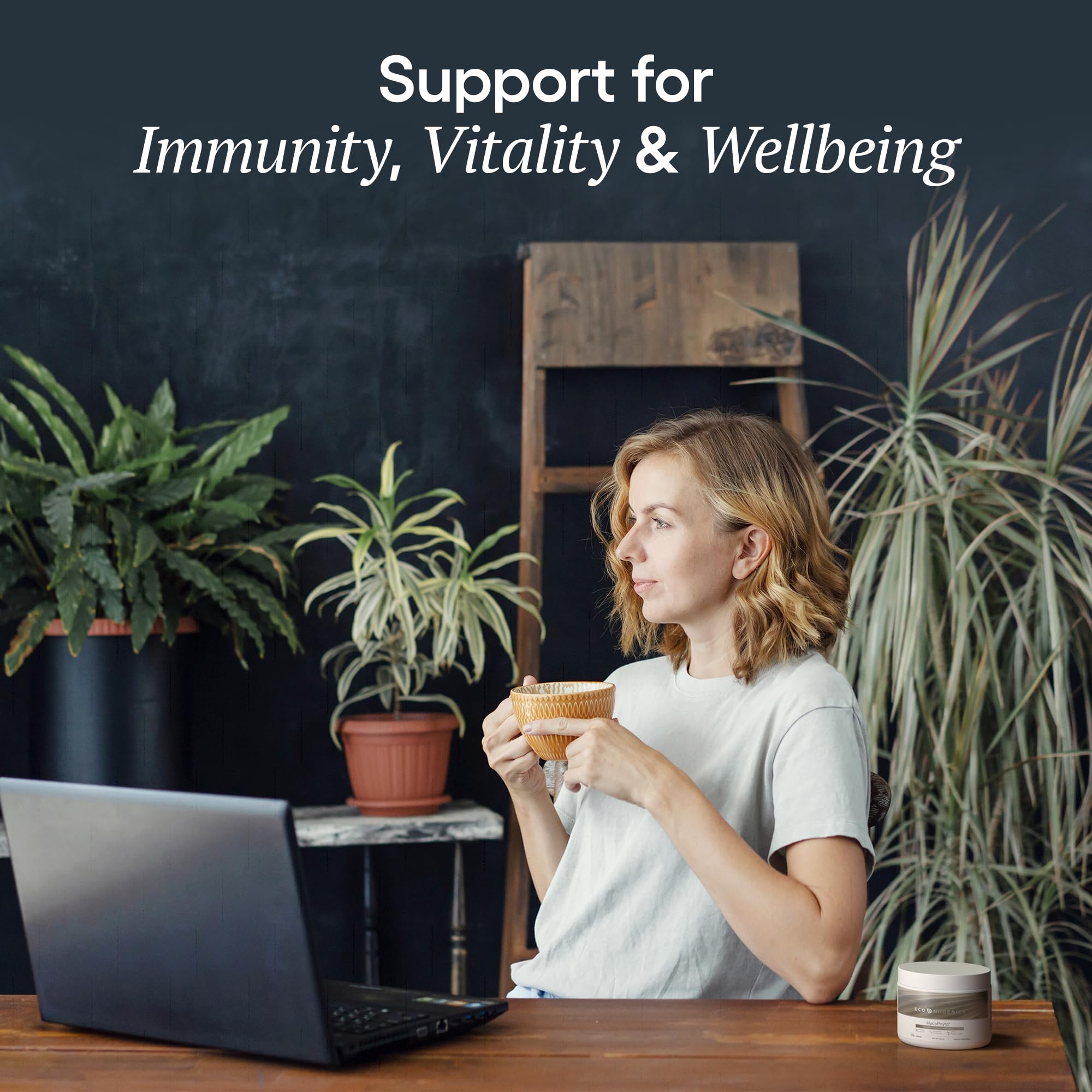Utilisation quotidienne avec EcoNugenics MycoPhyto Complex pour énergie et vitalité potentiels.