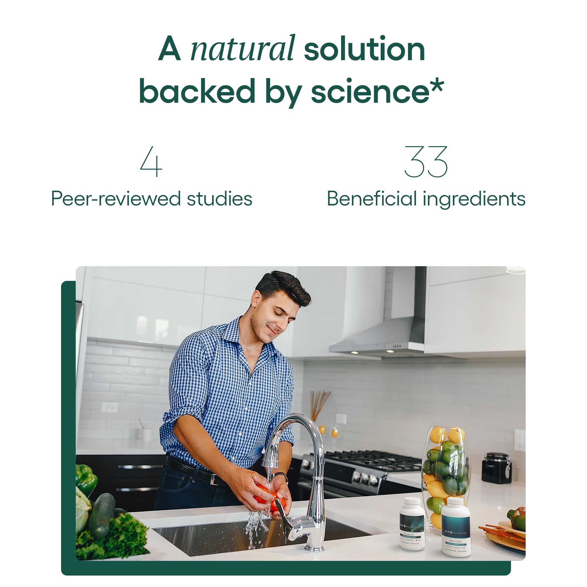 EcoNugenics ProstaCaid, ingrédients actifs, curcuma et quercétine pour une action antioxydante.