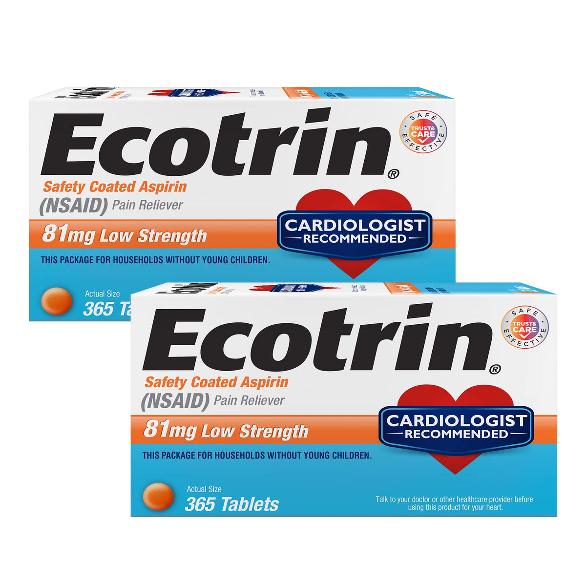 Ecotrin 81 mg, boîte 365 comprimés, vue sur l'emballage pratique pour l'année.
