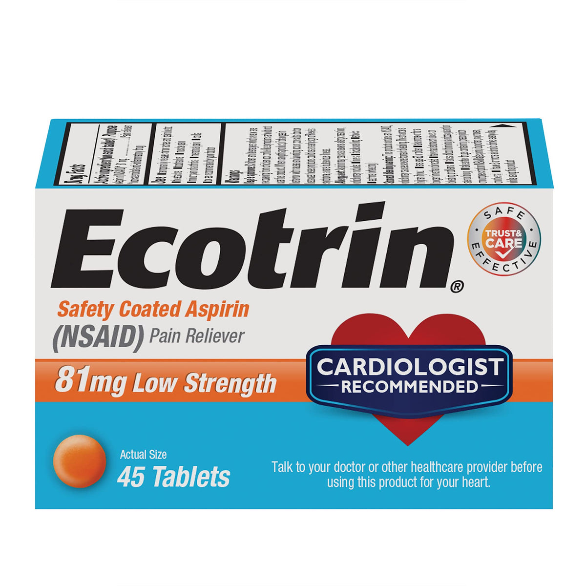 Ecotrin présente sa bouteille avec comprimés 81 mg enterique pour une prise en douceur.