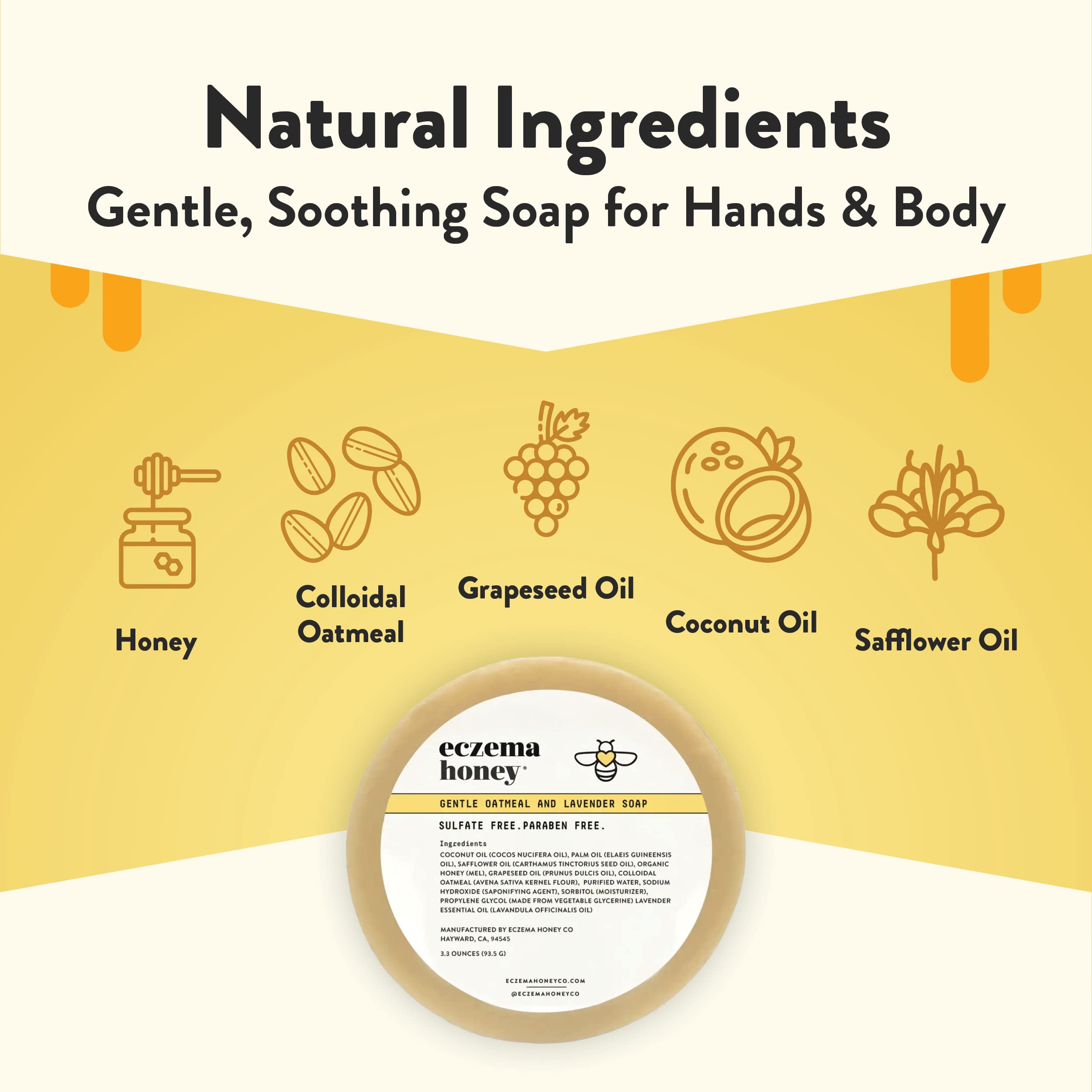 Savon Eczema Honey avec huile de pépins de raisin pour hydrater en douceur.