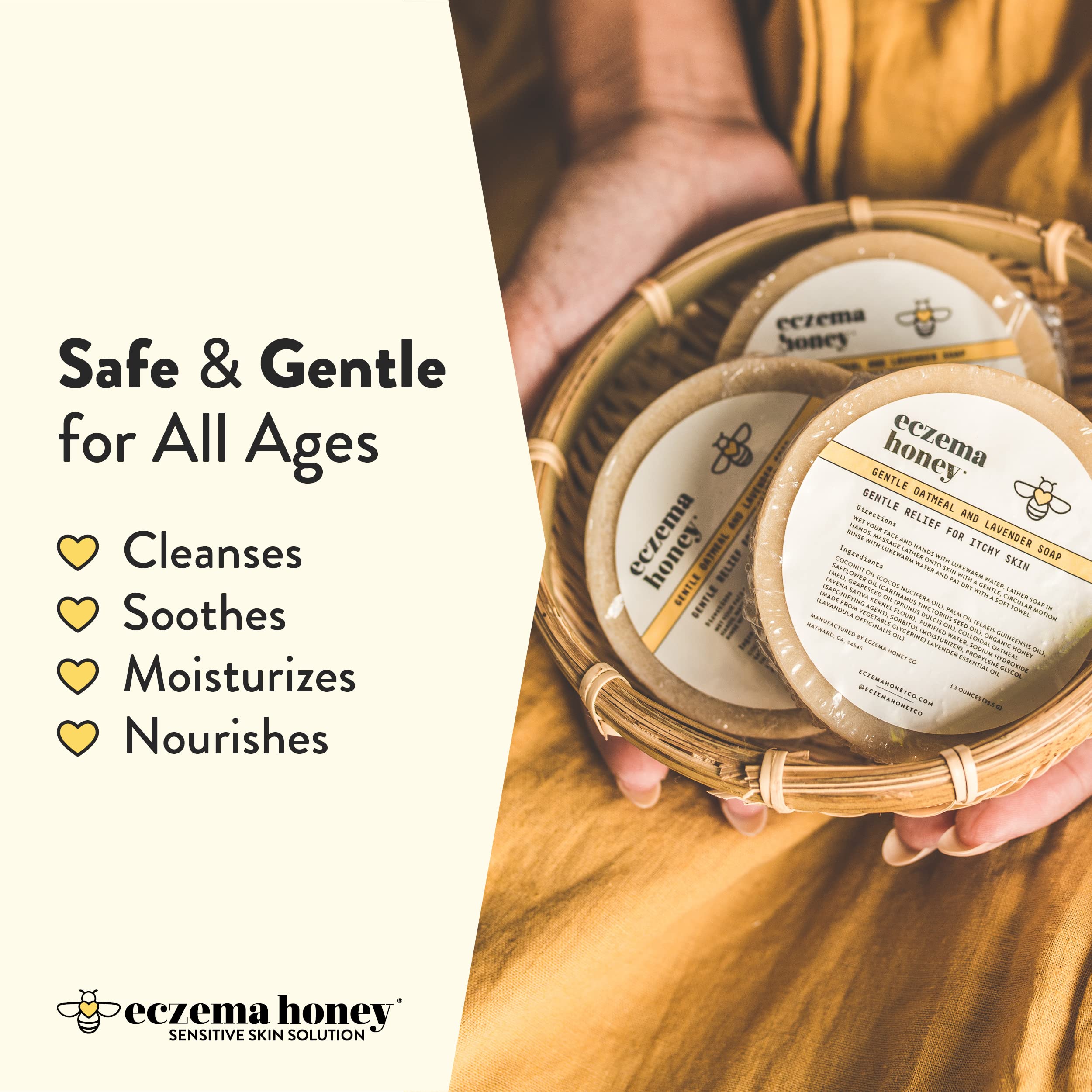 Savon Eczema Honey — parfum lavande apaisant pour démangeaisons légères.
