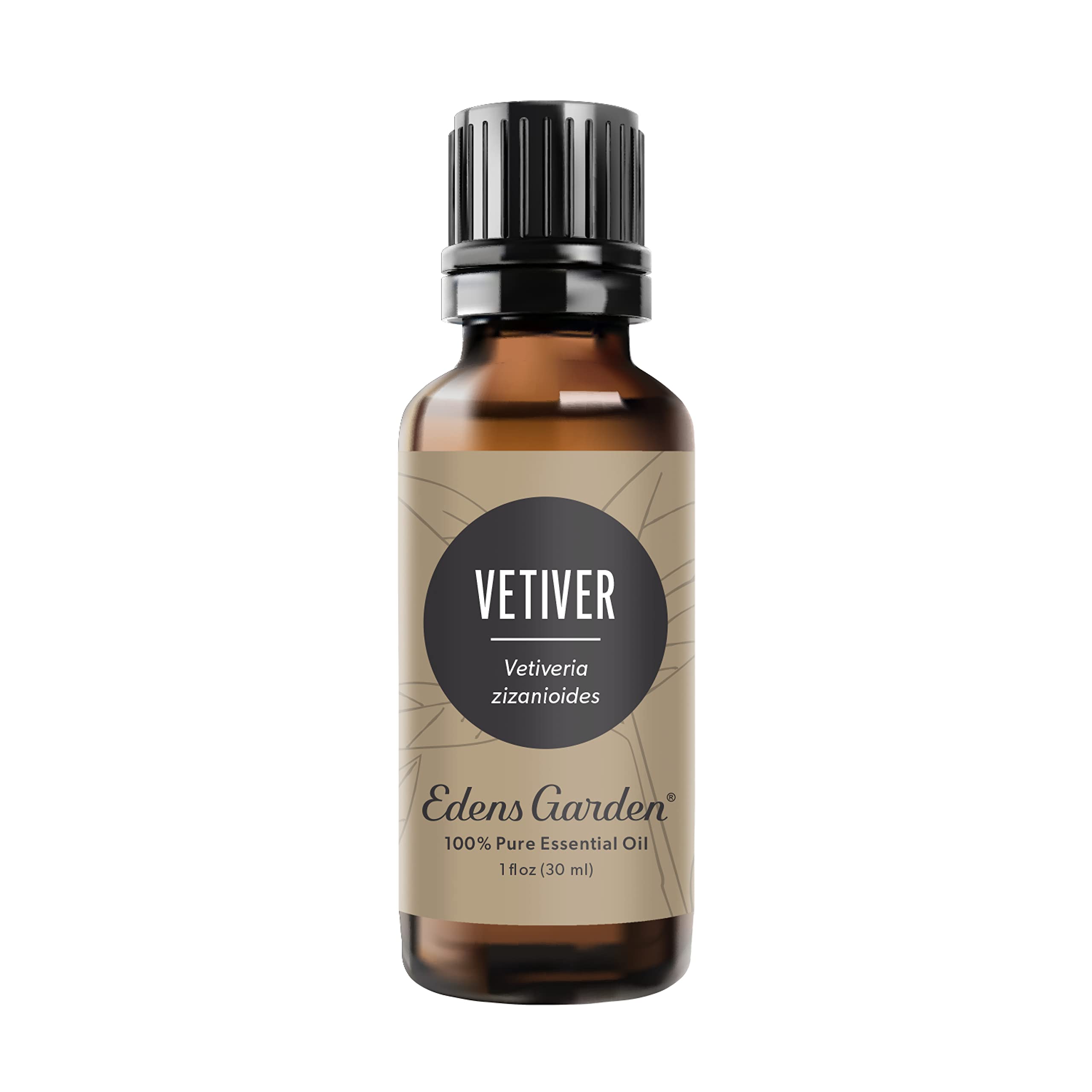 Edens Garden Vetiver huile essentielle en bouteille montrant l’étiquette et le confinement pour le soin et la diffusion.