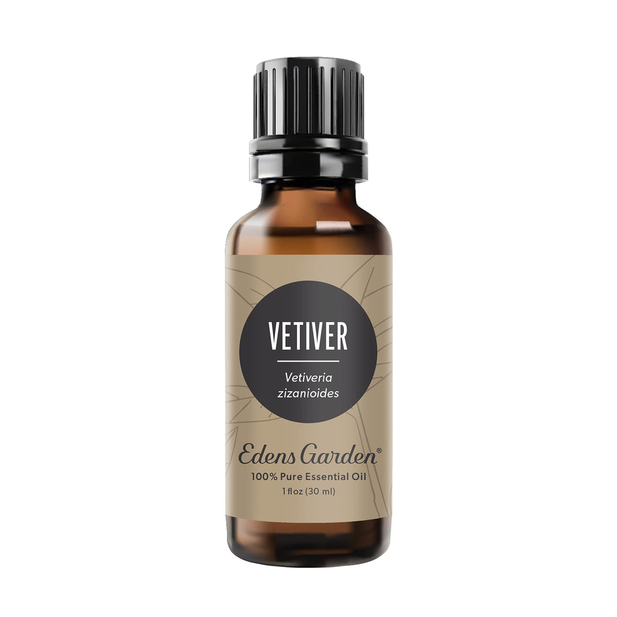 Edens Garden Vetiver huile essentielle en bouteille montrant l’étiquette et le confinement pour le soin et la diffusion.