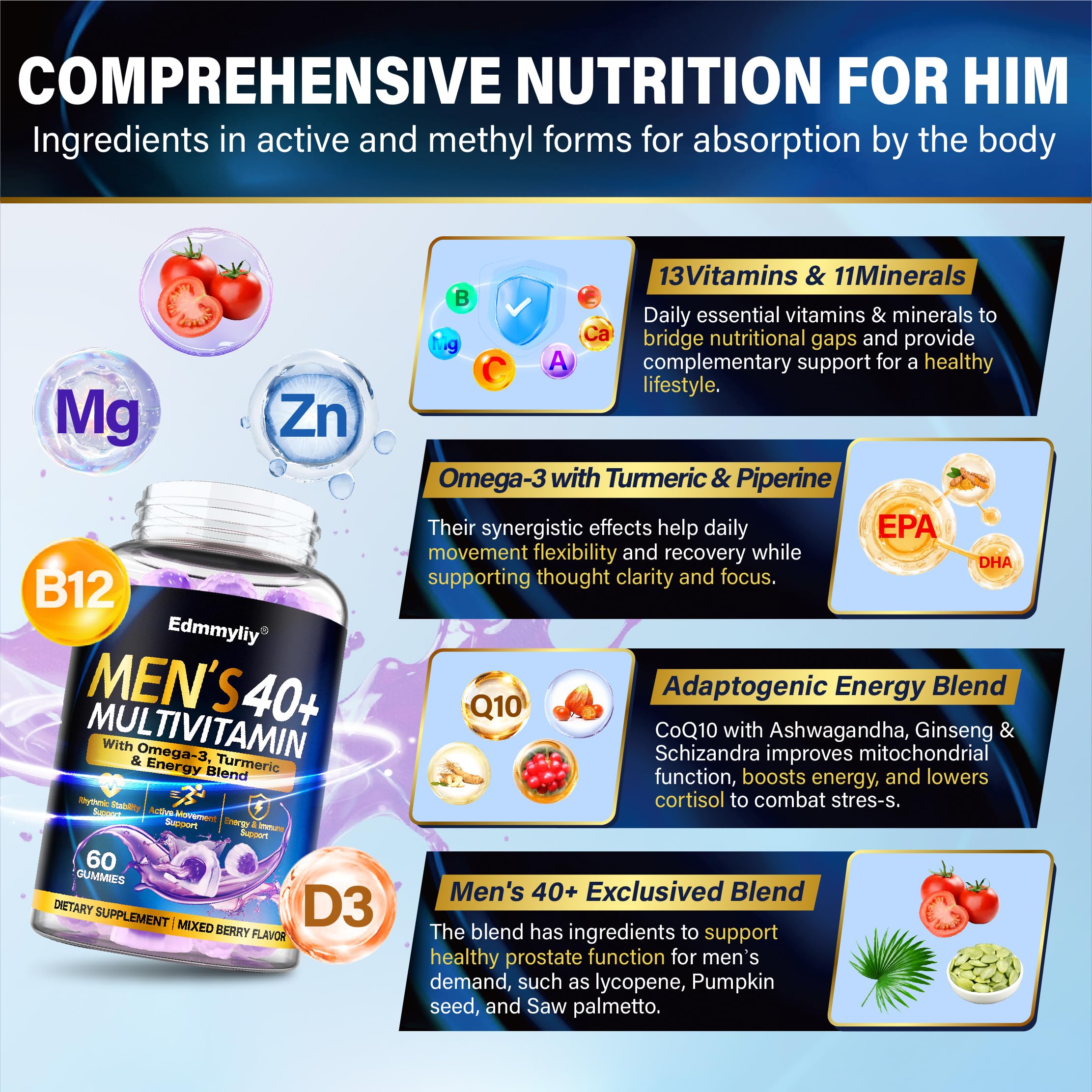 Gommes Edmmyliy pour hommes quarante-plus — absorption améliorée des nutriments.
