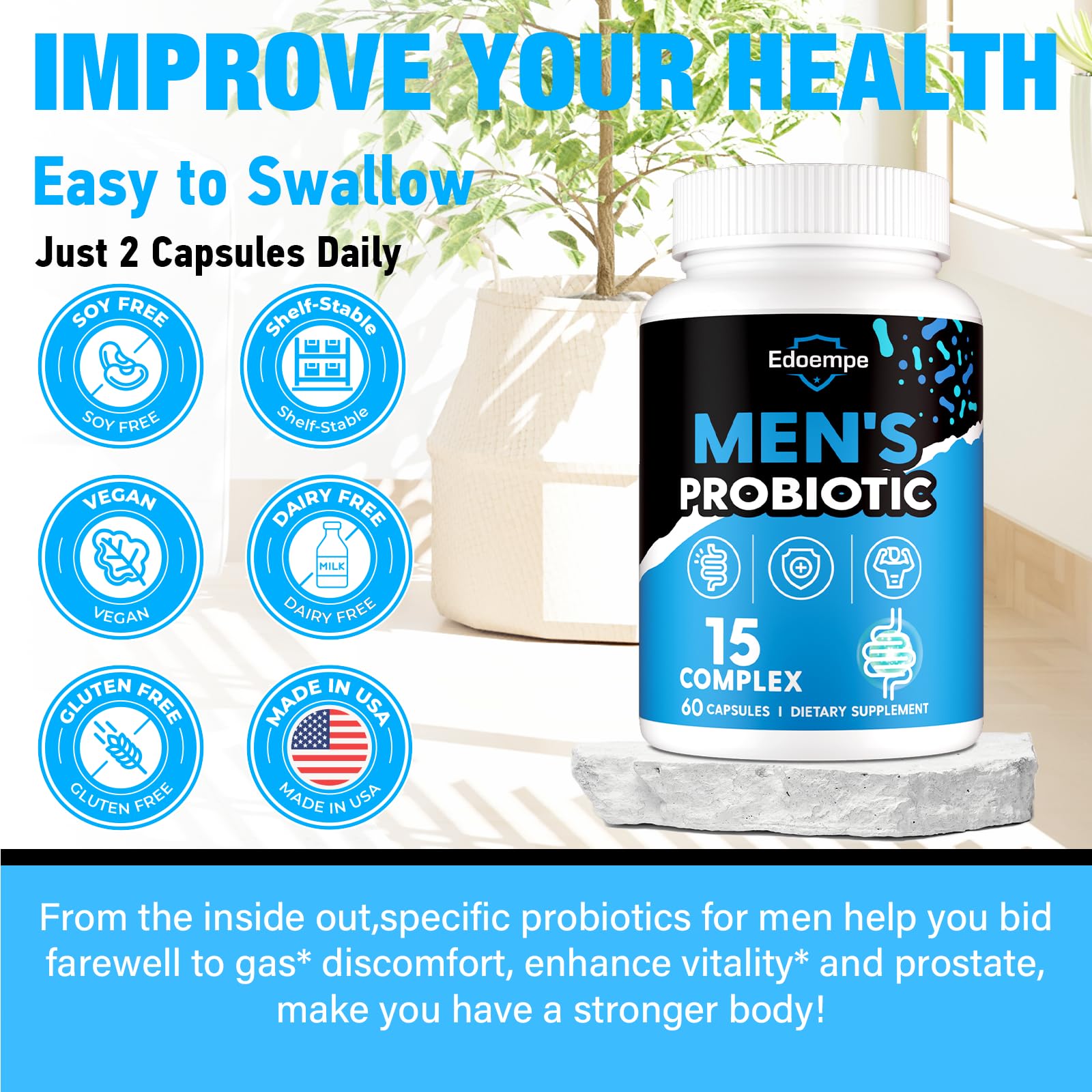 Edoempe Probiotiques pour hommes – 60 capsules prêtes à s’intégrer à votre routine.