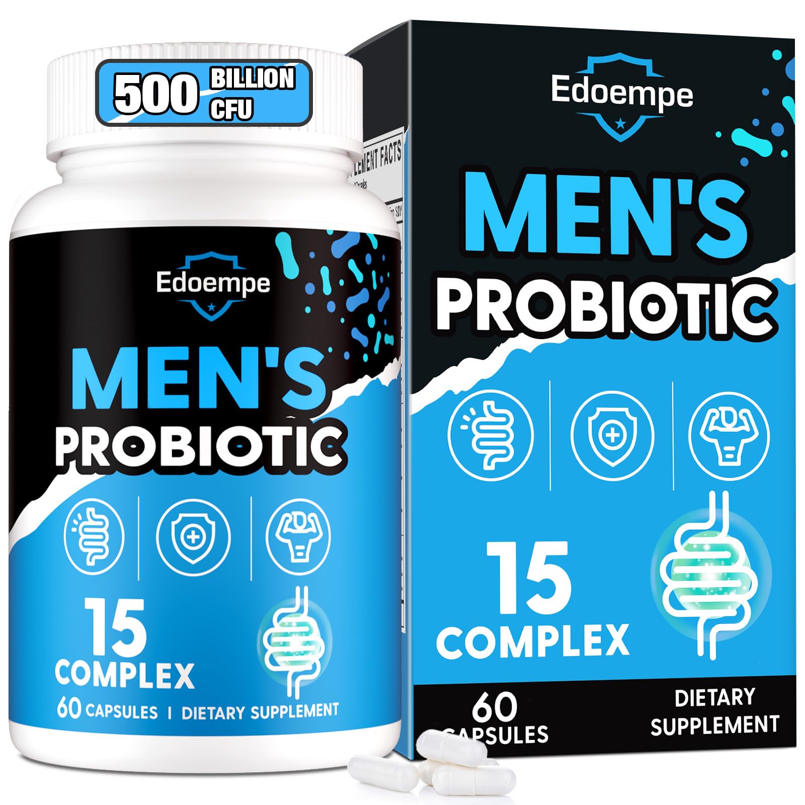 Edoempe Probiotiques pour hommes – bouteille montrant le produit pour soutenir la digestion et l'énergie.