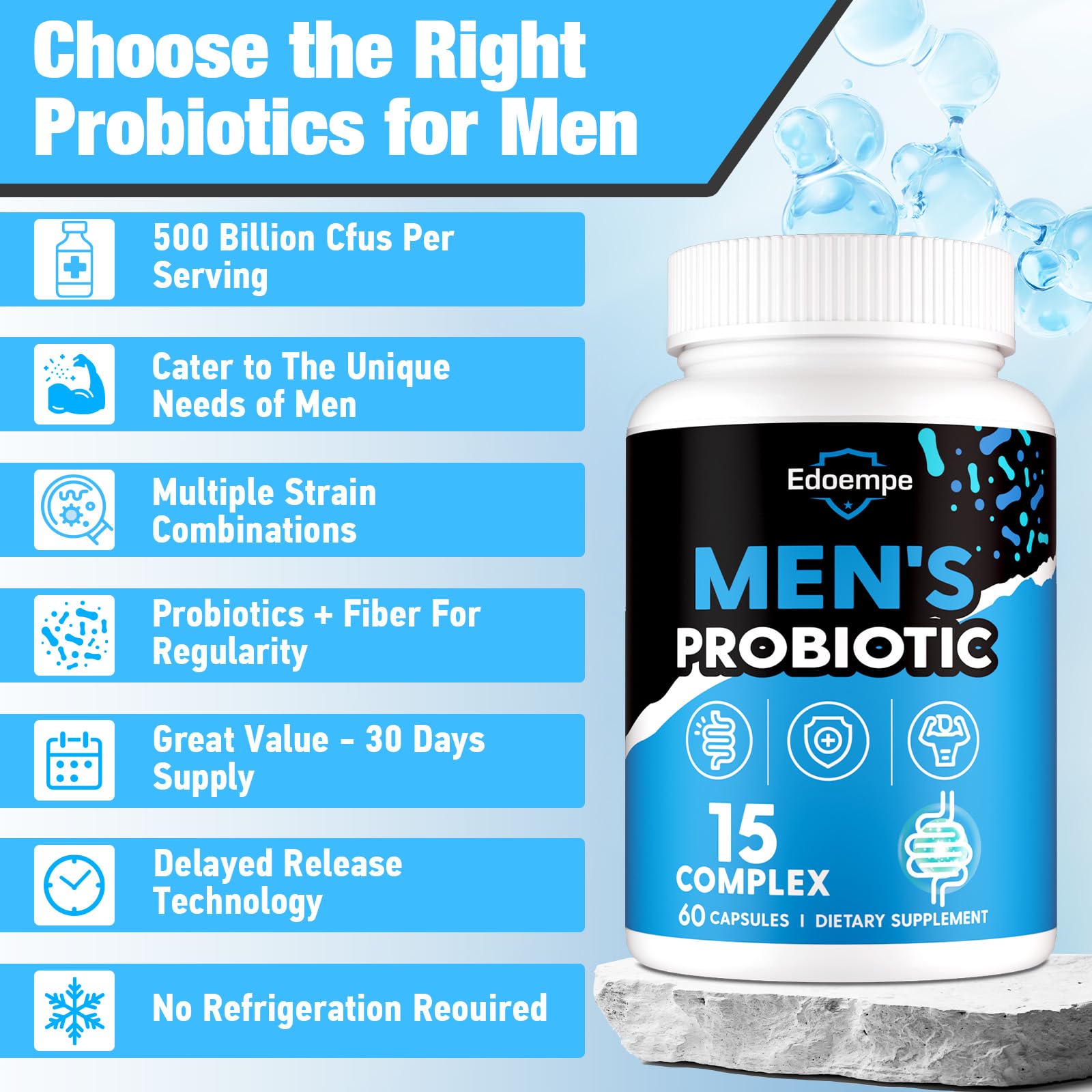Edoempe Probiotiques pour hommes – fibres organiques incluses pour digestion confortable.