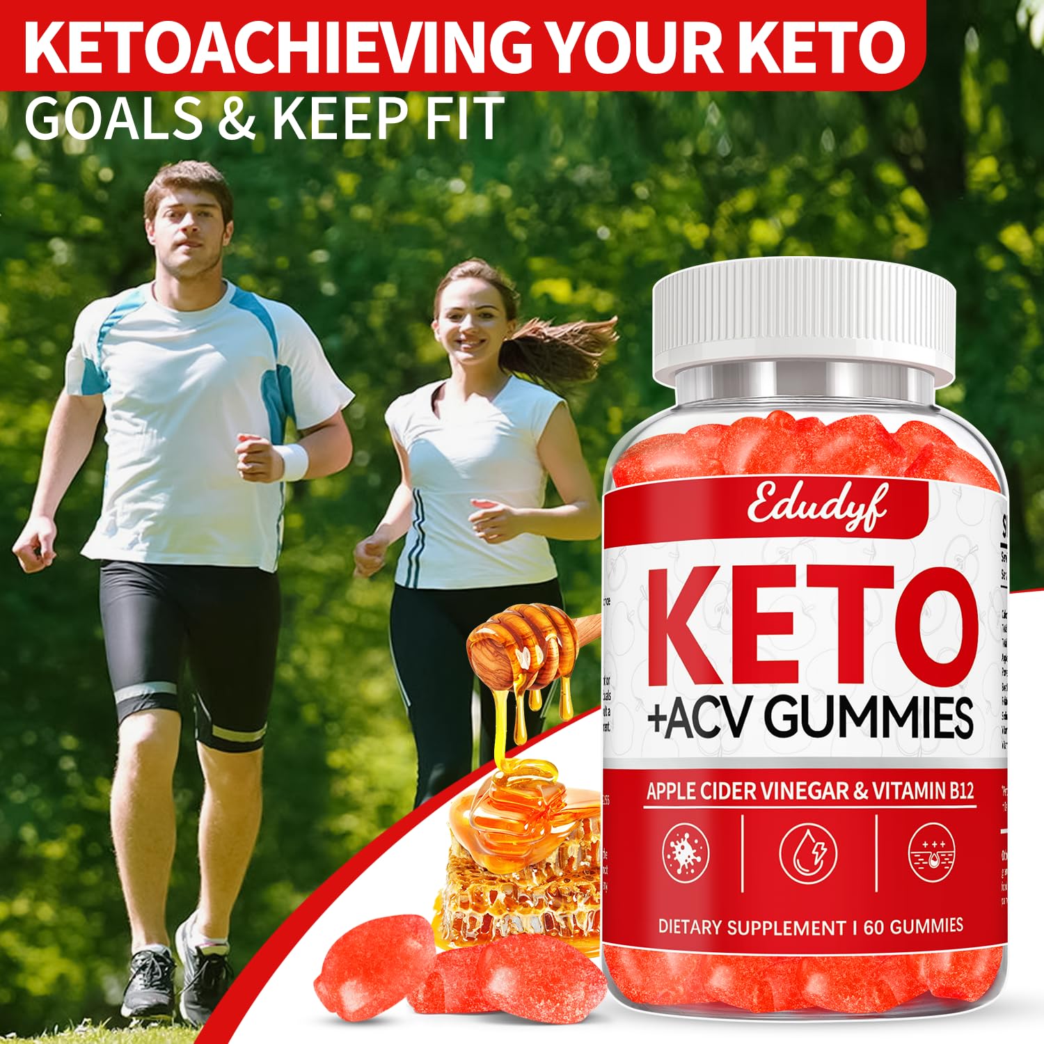 Étiquette indiquant sans gluten et sans gélatine, EDUDYF Keto ACV Gummies végétariens.